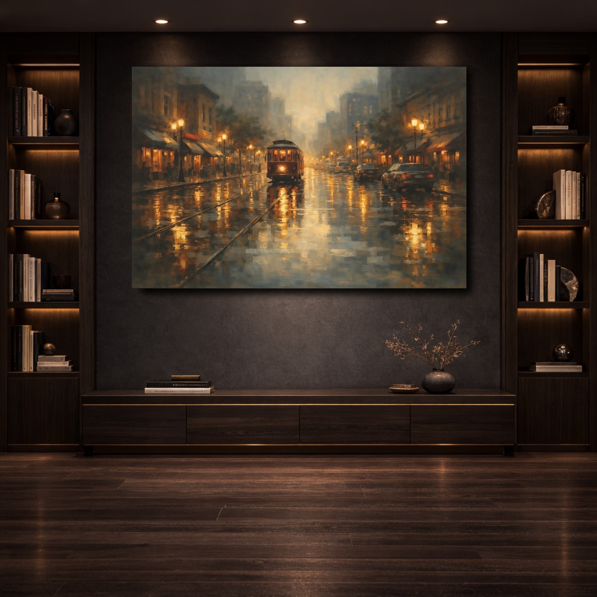 Mockup 3. Vintage City Tram Brown Gold Cityscape shown as stretched canvas wall art