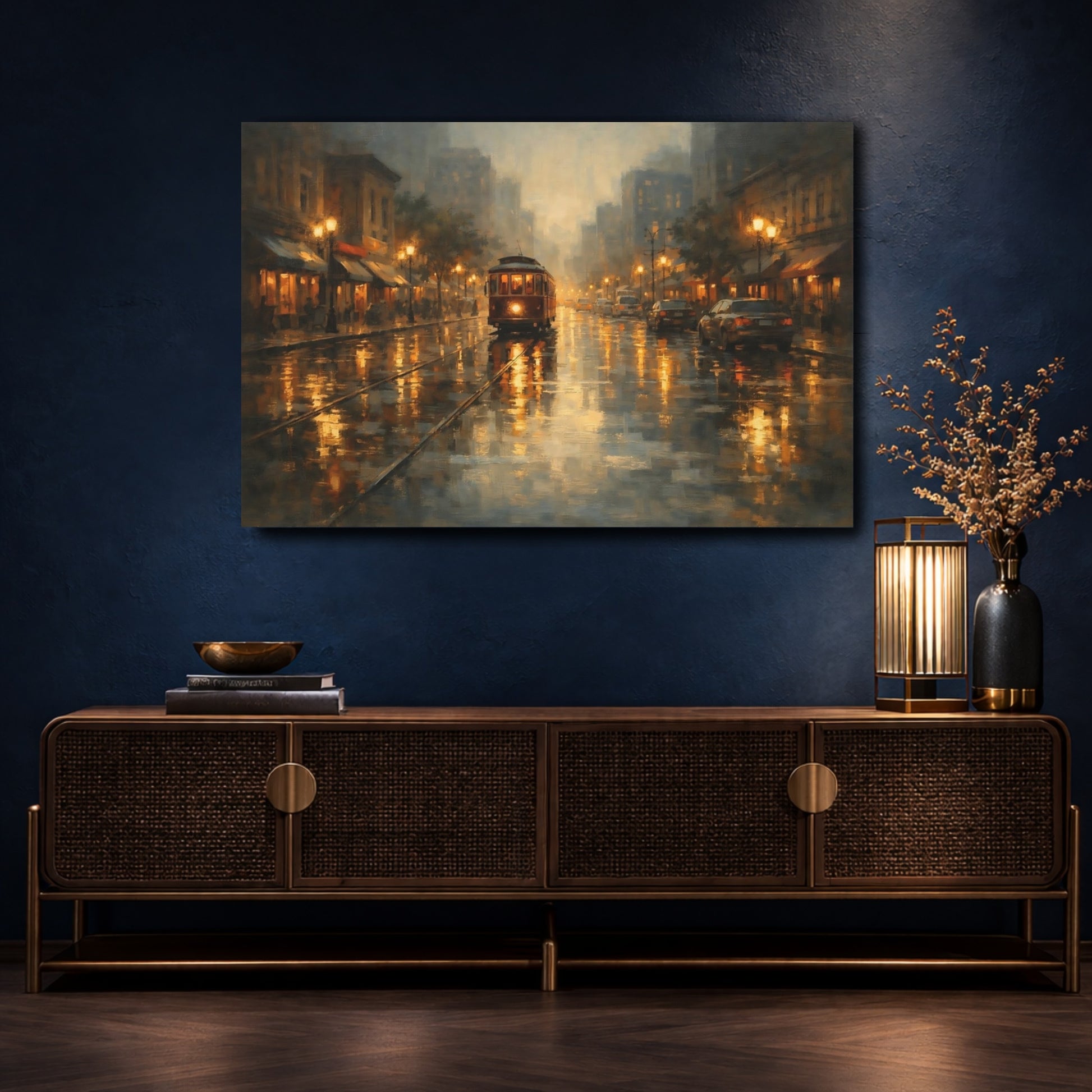 Mockup 4. Vintage City Tram Brown Gold Cityscape shown as stretched canvas wall art