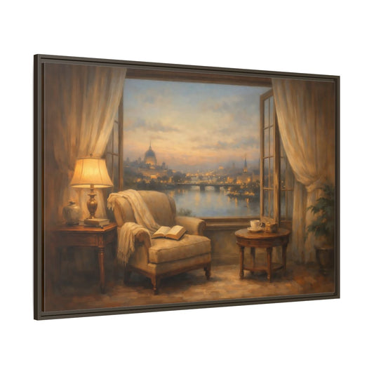 Main Mockup. Vintage City View Warm City Evening shown as stretched canvas wall art