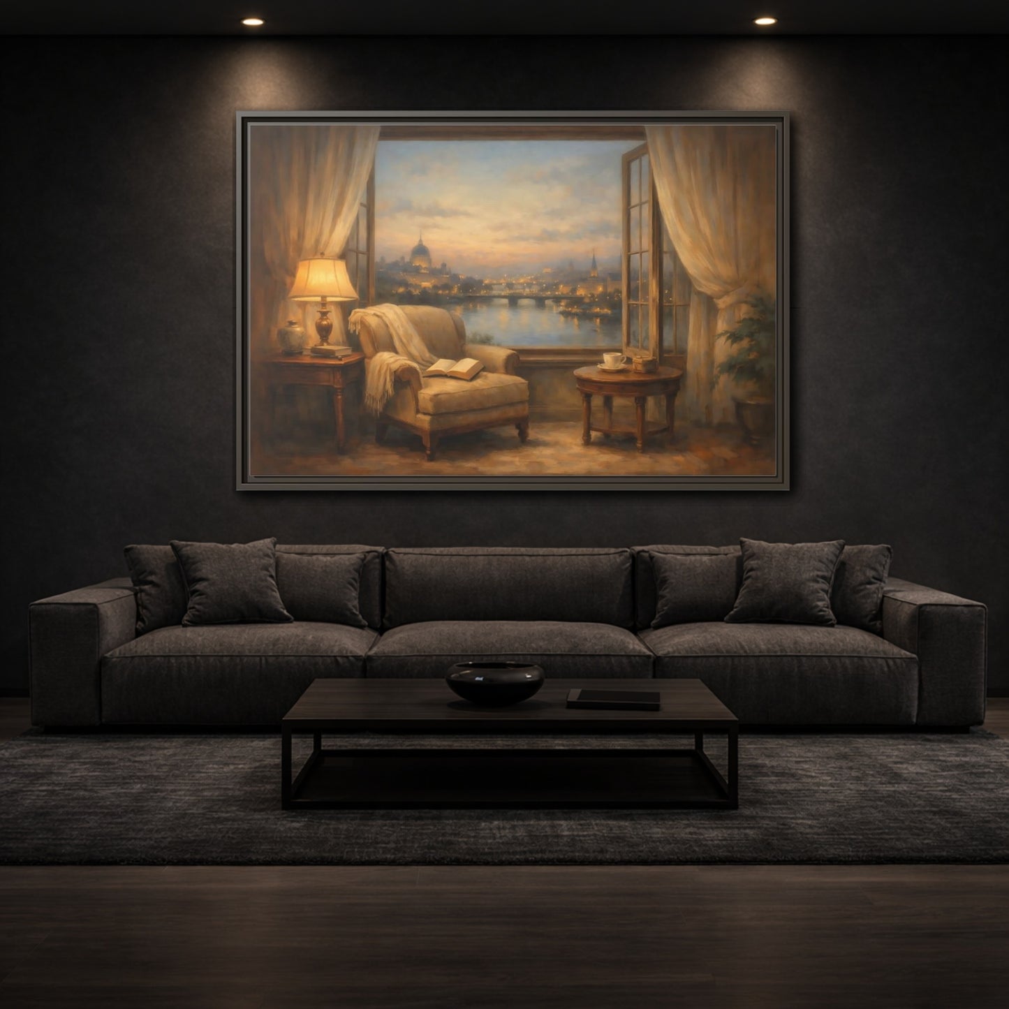 Mockup 2. Vintage City View Warm City Evening shown as stretched canvas wall art