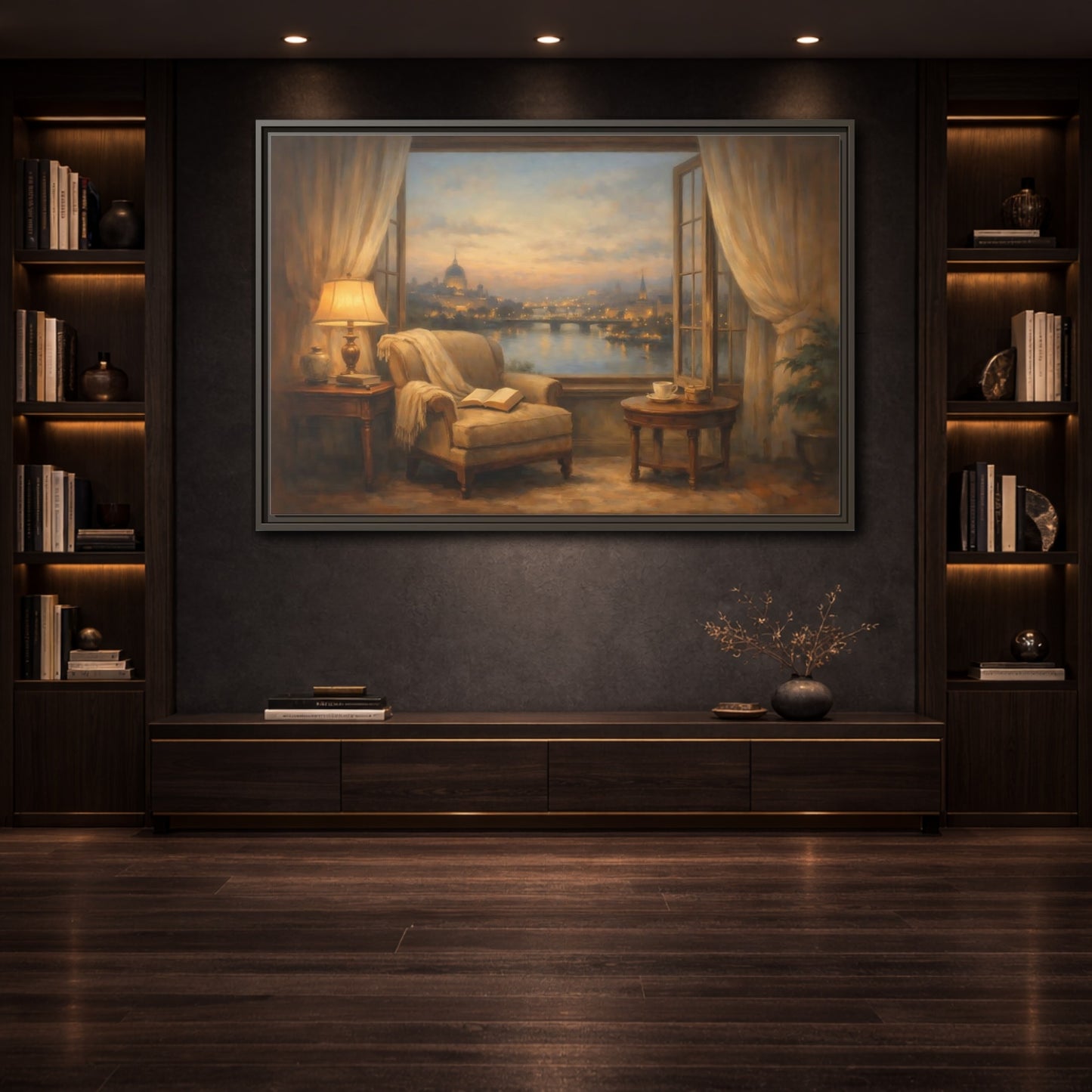 Mockup 3. Vintage City View Warm City Evening shown as stretched canvas wall art