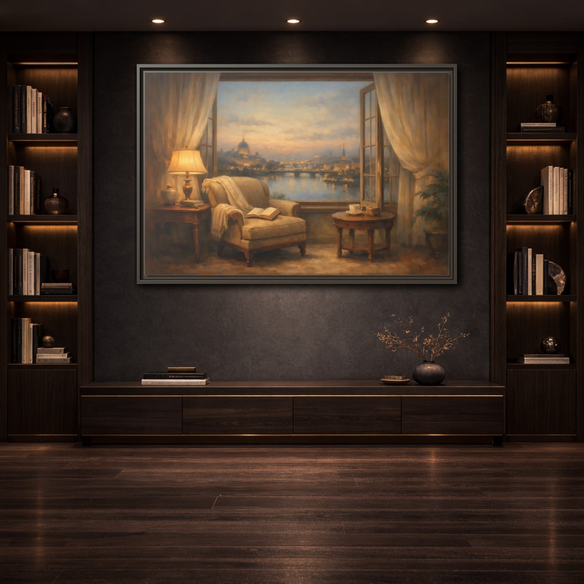 Mockup 3. Vintage City View Warm City Evening shown as stretched canvas wall art