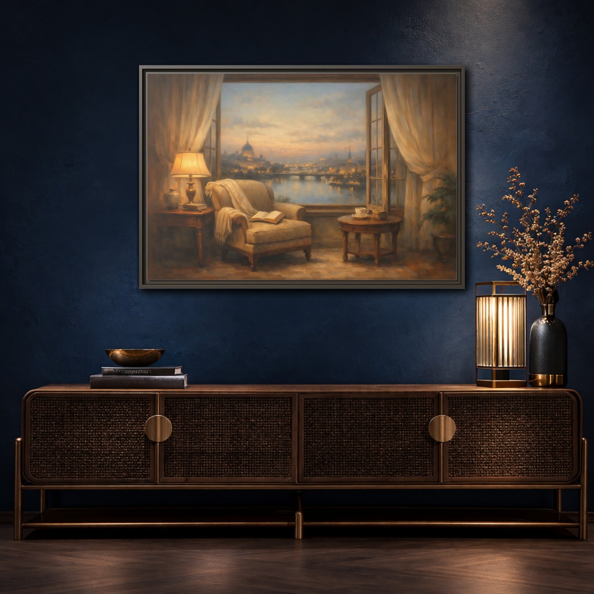Mockup 4. Vintage City View Warm City Evening shown as stretched canvas wall art