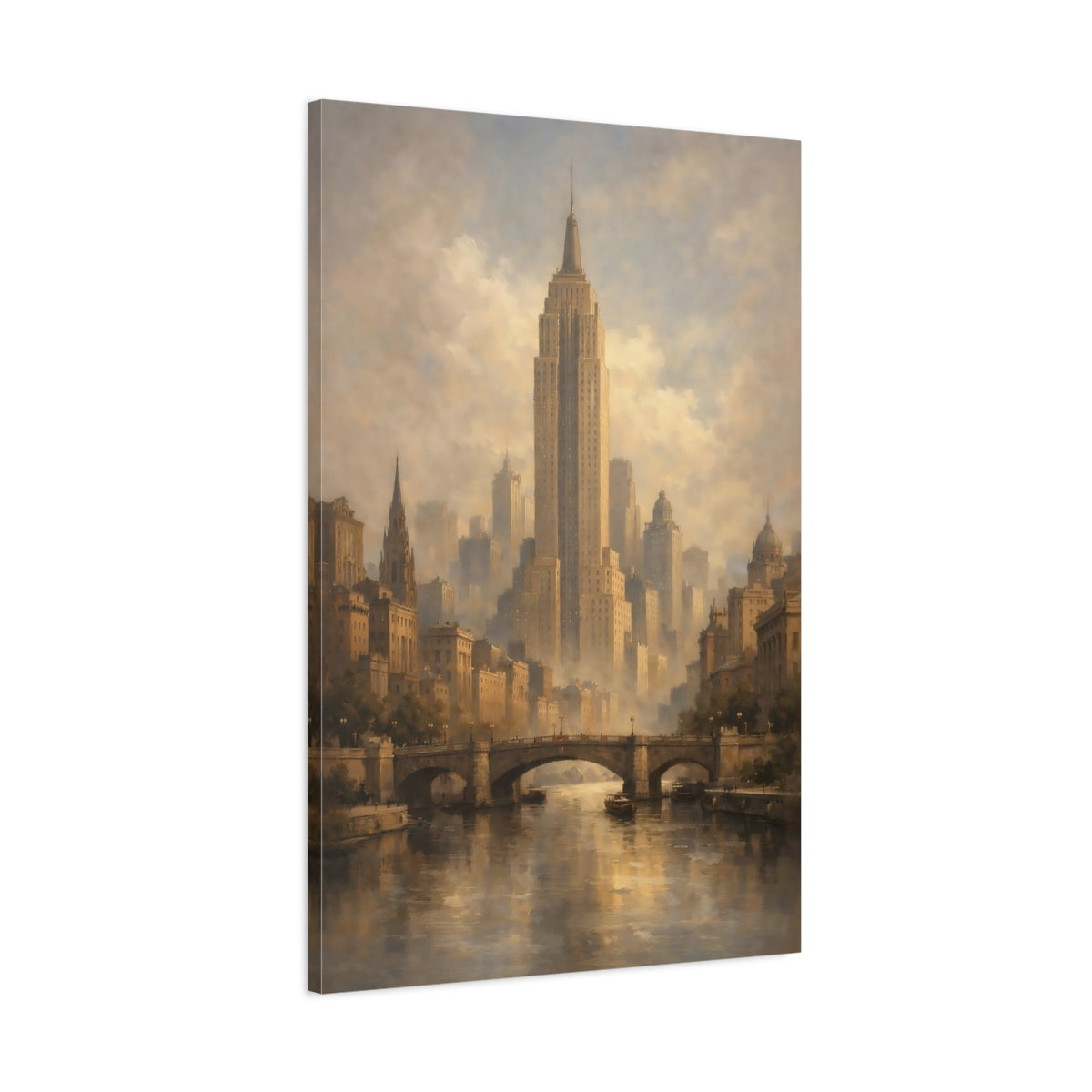 Side Mockup 1. Vintage Cityscape Vintage Cityscape shown as stretched canvas wall art