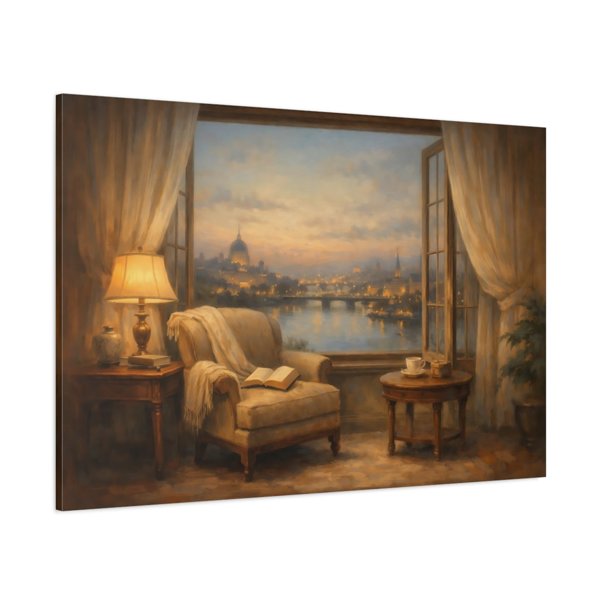 Main Mockup. Vintage Cityscape Cozy Cityscape shown as stretched canvas wall art