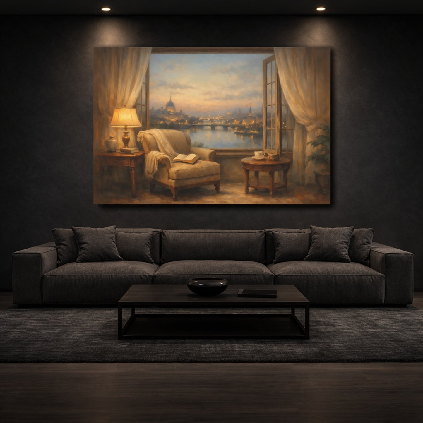 Mockup 2. Vintage Cityscape Cozy Cityscape shown as stretched canvas wall art