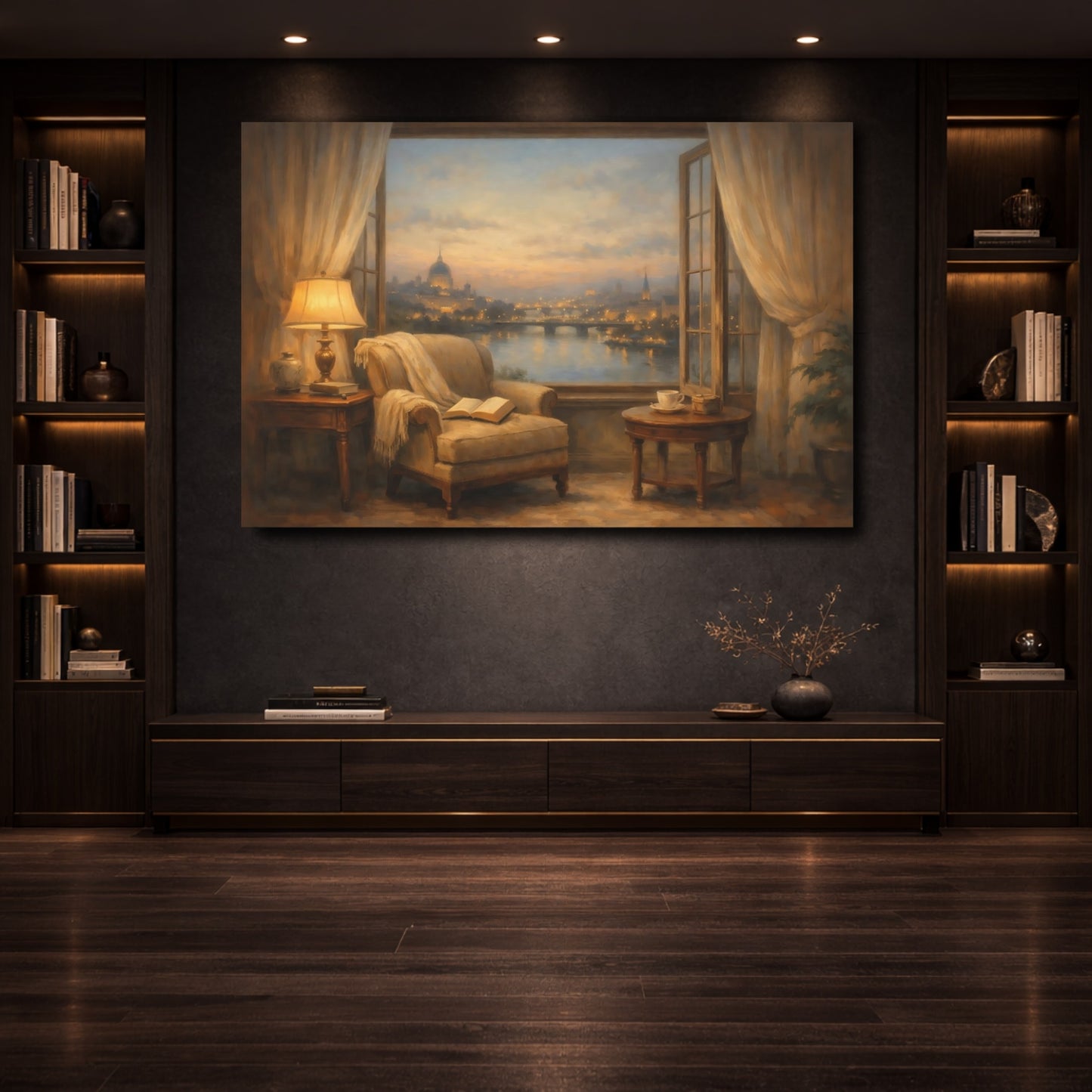 Mockup 3. Vintage Cityscape Cozy Cityscape shown as stretched canvas wall art