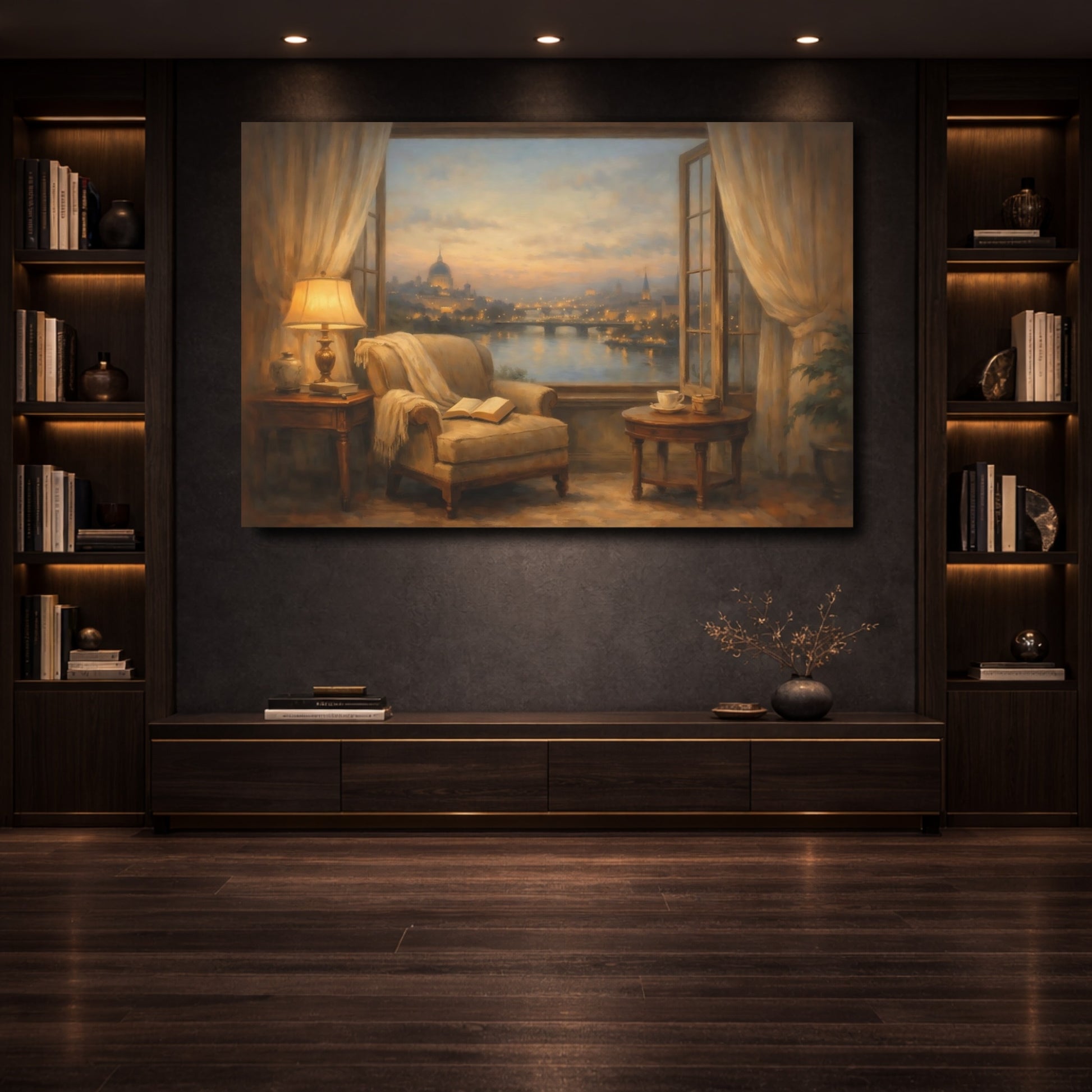 Mockup 3. Vintage Cityscape Cozy Cityscape shown as stretched canvas wall art