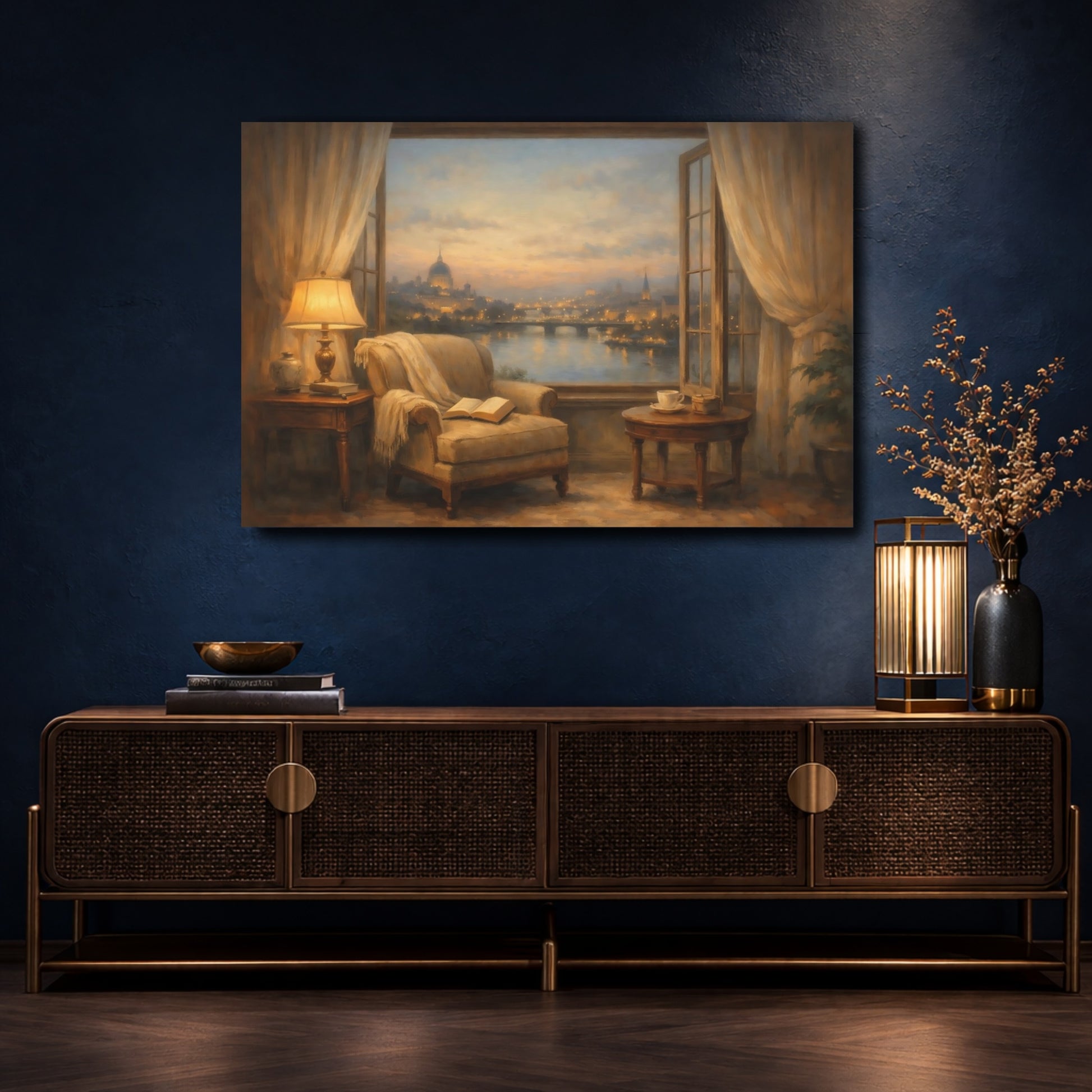 Mockup 4. Vintage Cityscape Cozy Cityscape shown as stretched canvas wall art