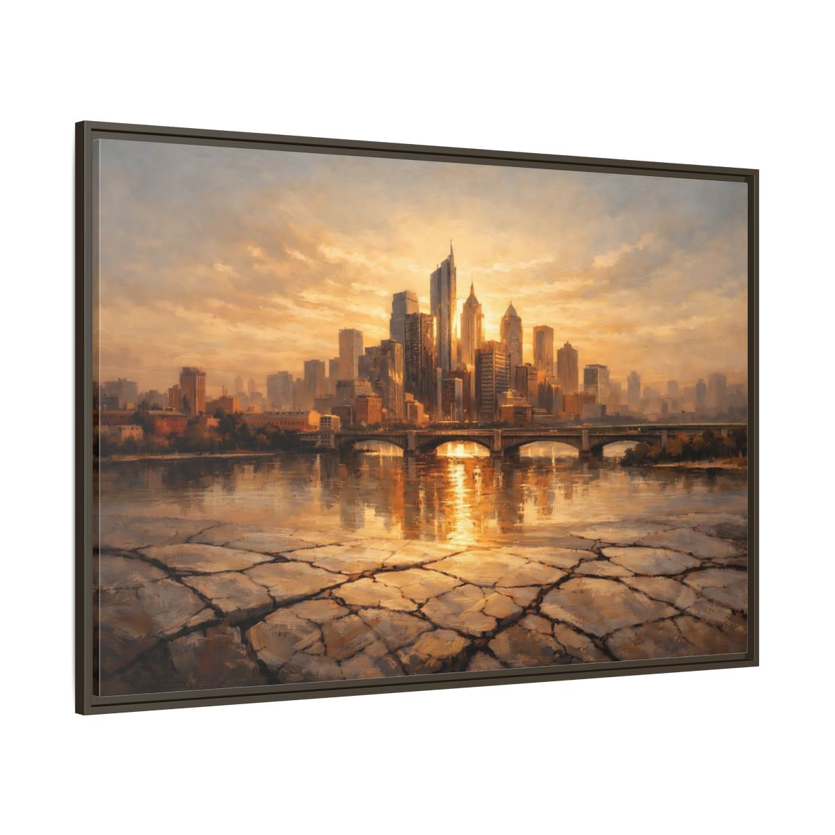 Main Mockup. Vintage Cityscape Golden Cityscape shown as stretched canvas wall art