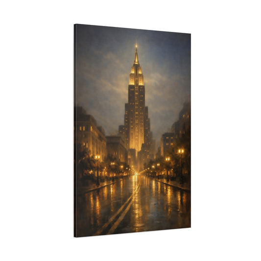 Main Mockup. Vintage Cityscape Golden Cityscape shown as stretched canvas wall art