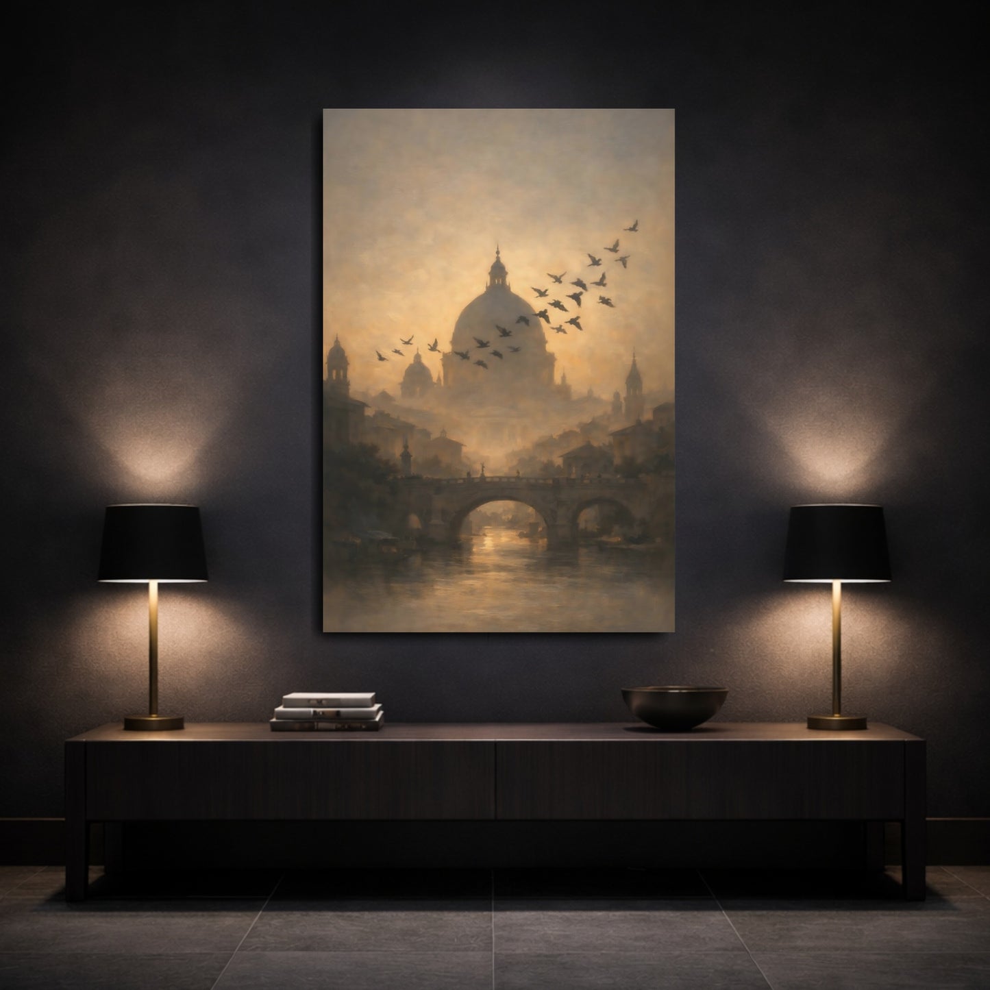 Mockup 2. Vintage Cityscape Golden Cityscape shown as stretched canvas wall art