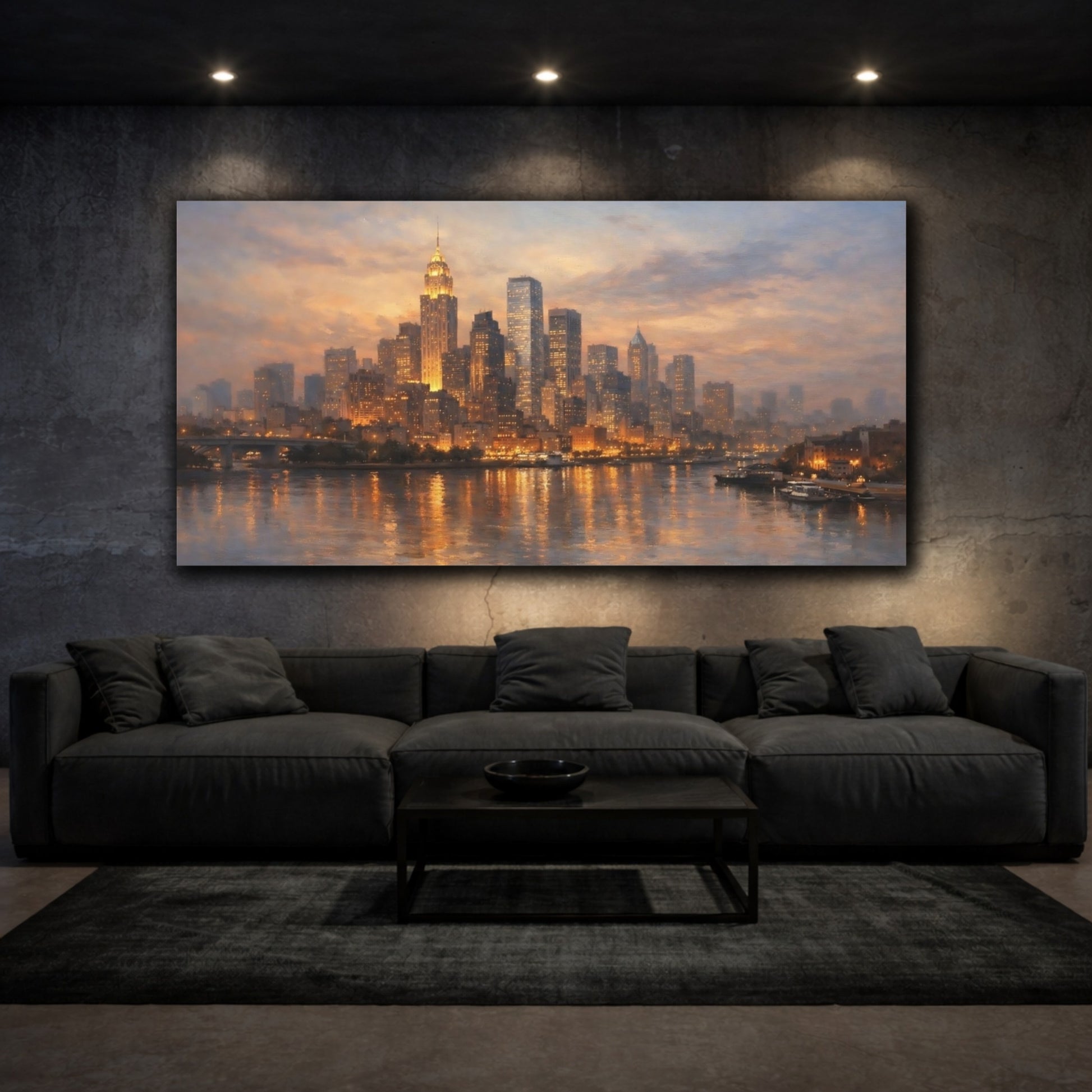 Mockup 2. Vintage Cityscape Golden Cityscape shown as stretched canvas wall art