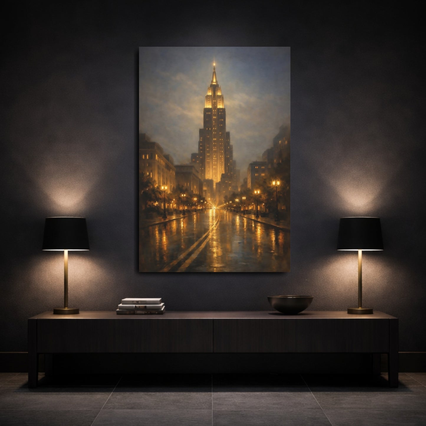 Mockup 2. Vintage Cityscape Golden Cityscape shown as stretched canvas wall art