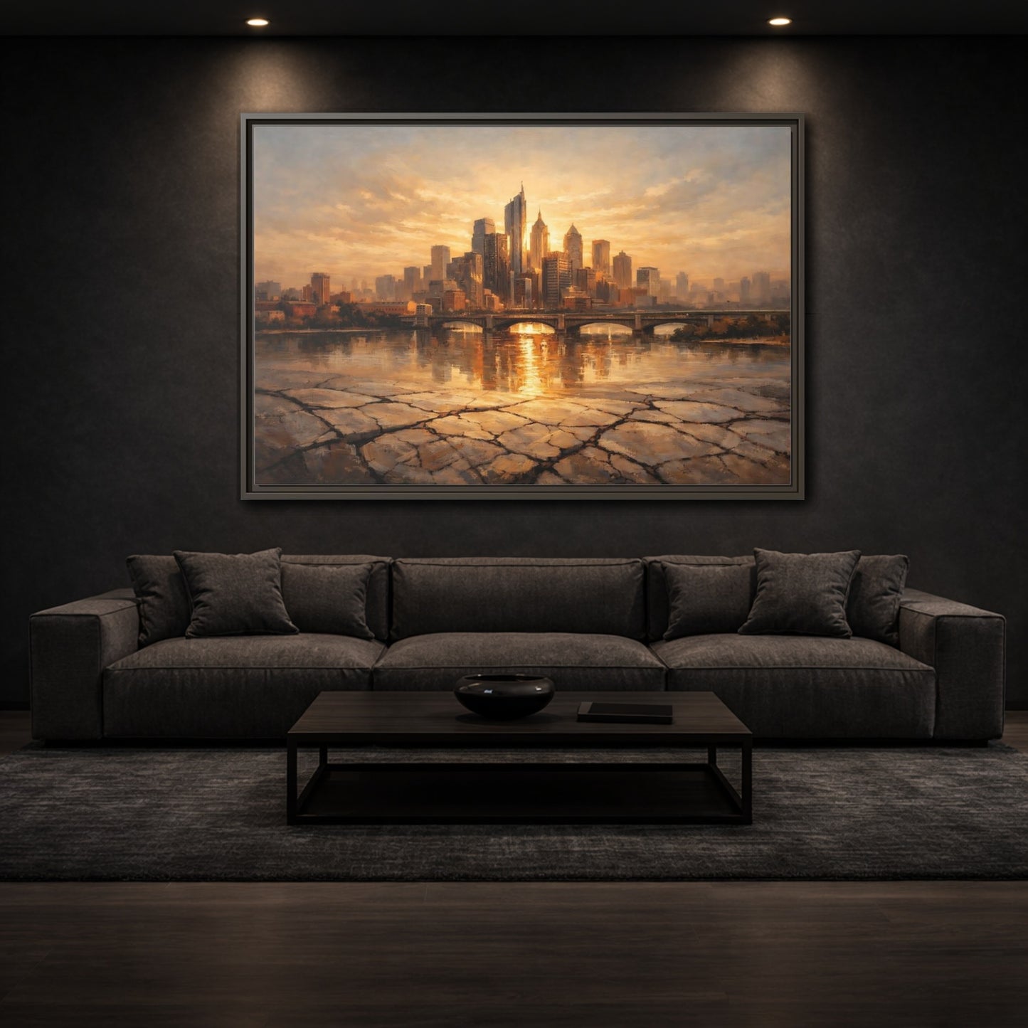 Mockup 2. Vintage Cityscape Golden Cityscape shown as stretched canvas wall art
