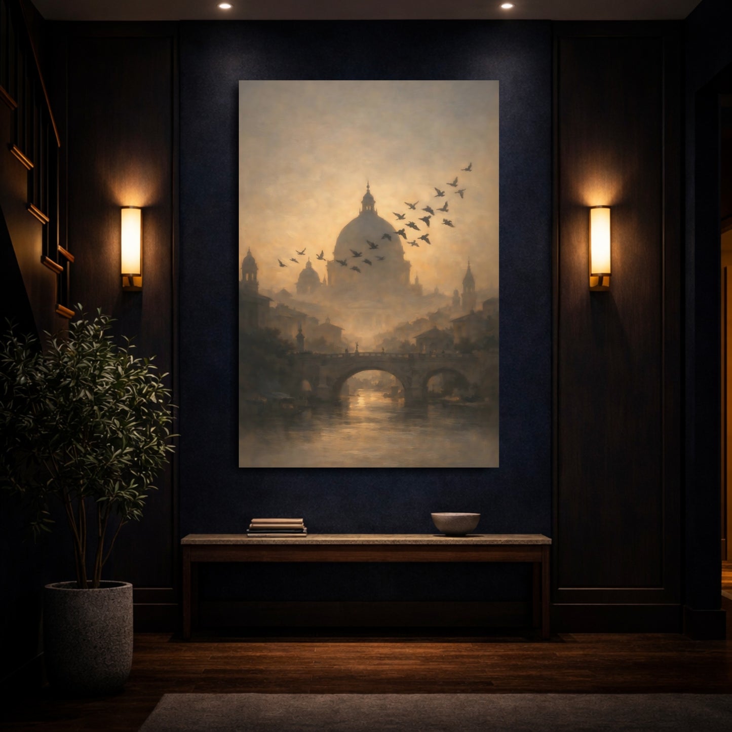 Mockup 3. Vintage Cityscape Golden Cityscape shown as stretched canvas wall art