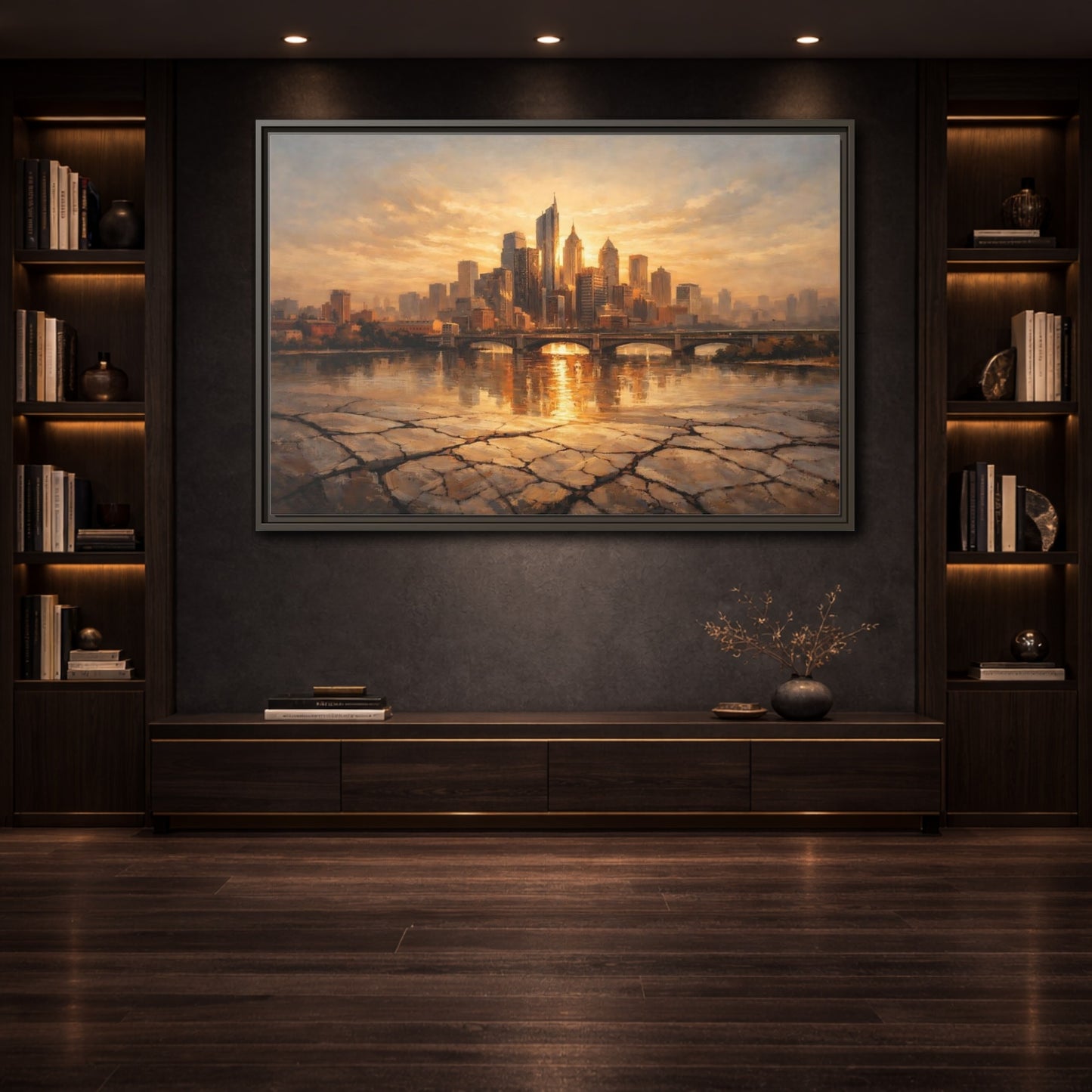 Mockup 3. Vintage Cityscape Golden Cityscape shown as stretched canvas wall art