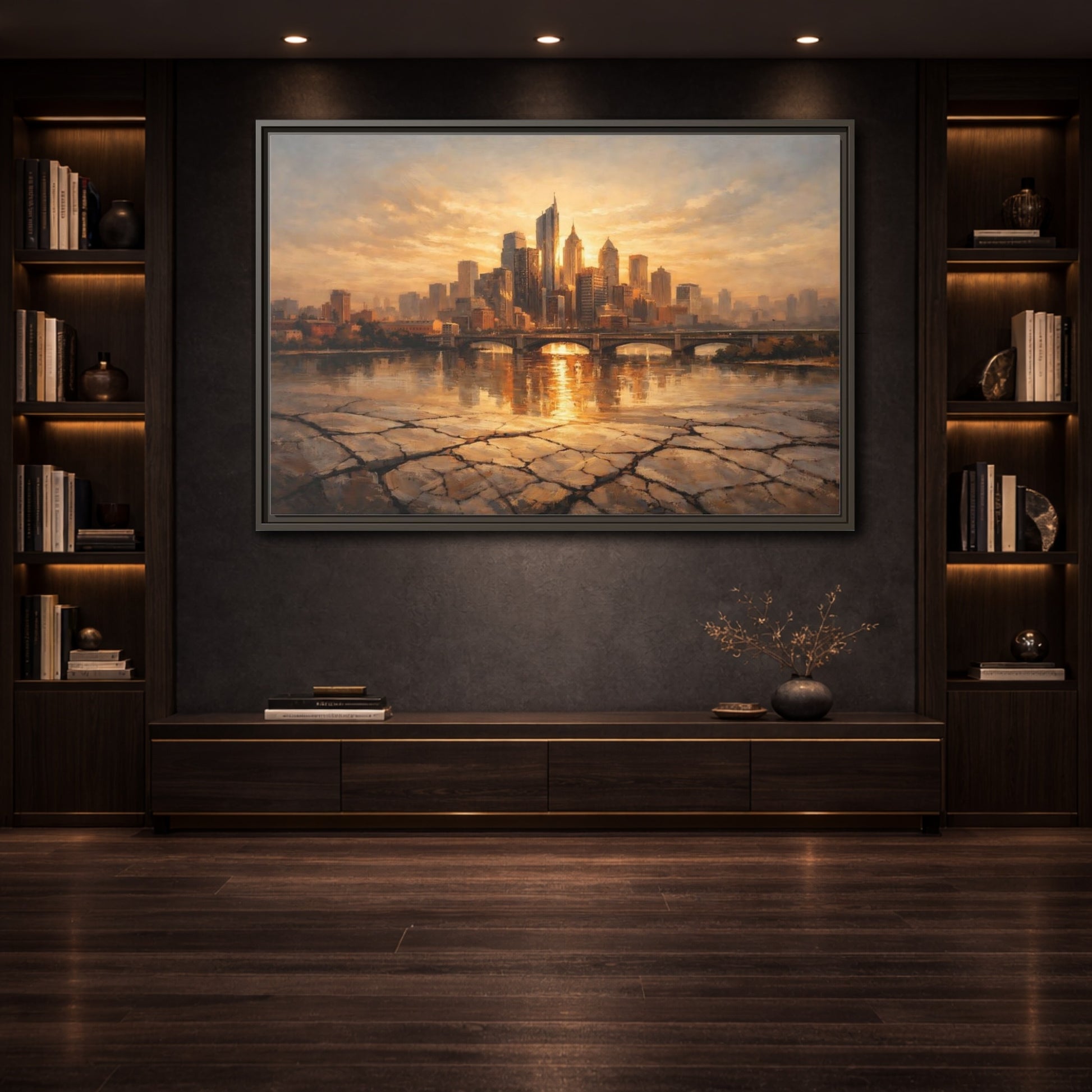 Mockup 3. Vintage Cityscape Golden Cityscape shown as stretched canvas wall art