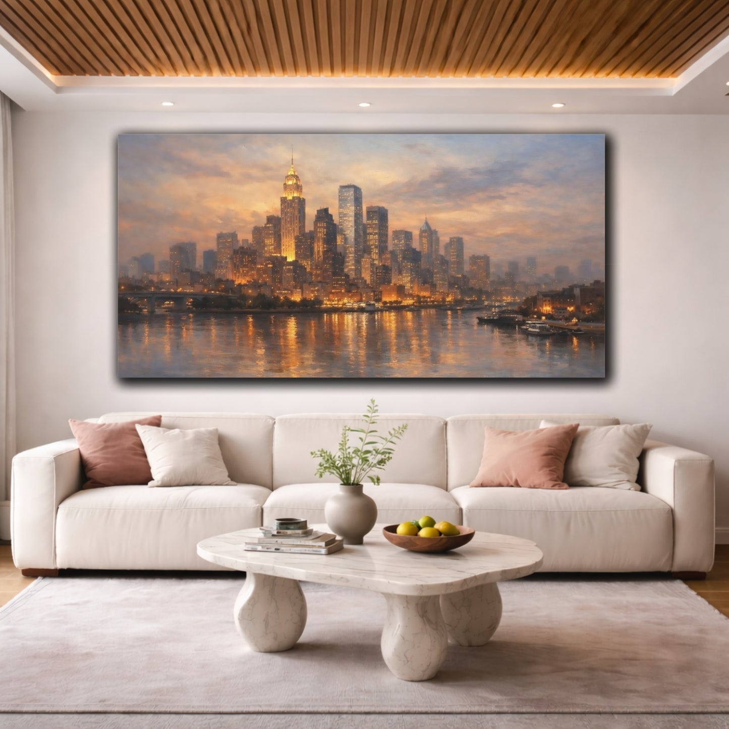 Mockup 3. Vintage Cityscape Golden Cityscape shown as stretched canvas wall art