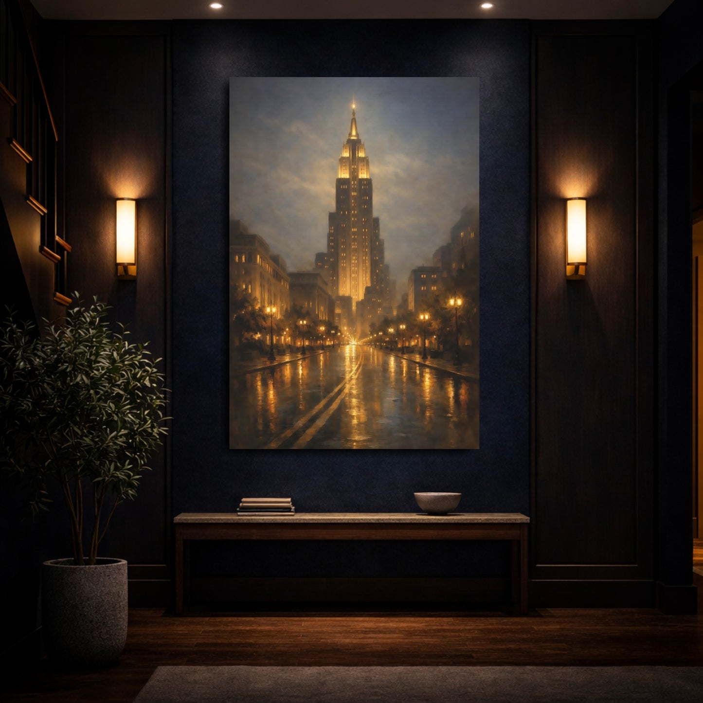 Mockup 3. Vintage Cityscape Golden Cityscape shown as stretched canvas wall art