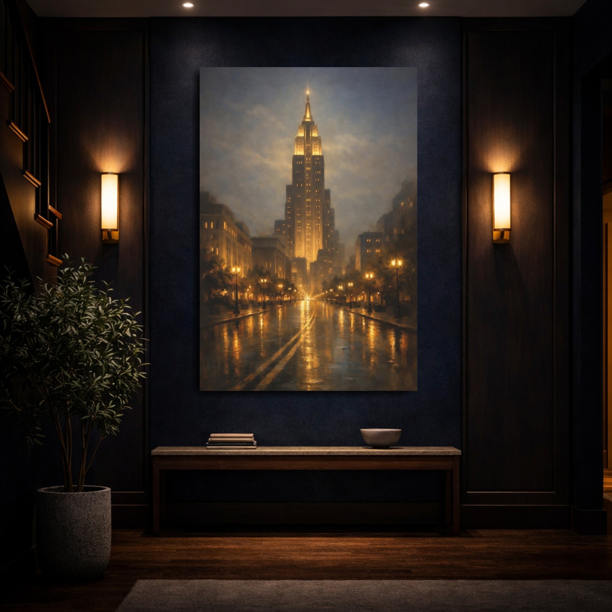 Mockup 3. Vintage Cityscape Golden Cityscape shown as stretched canvas wall art
