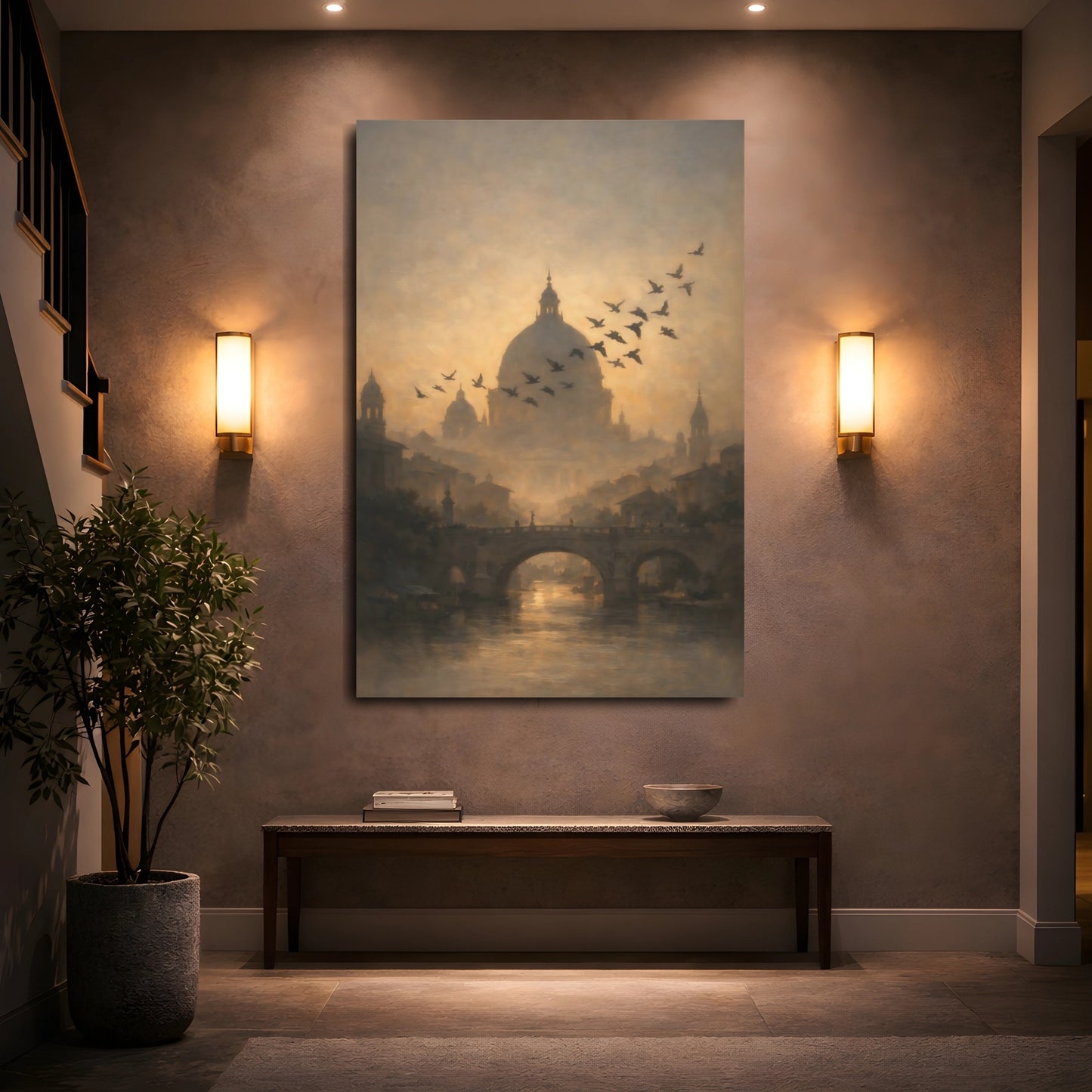 Mockup 4. Vintage Cityscape Golden Cityscape shown as stretched canvas wall art