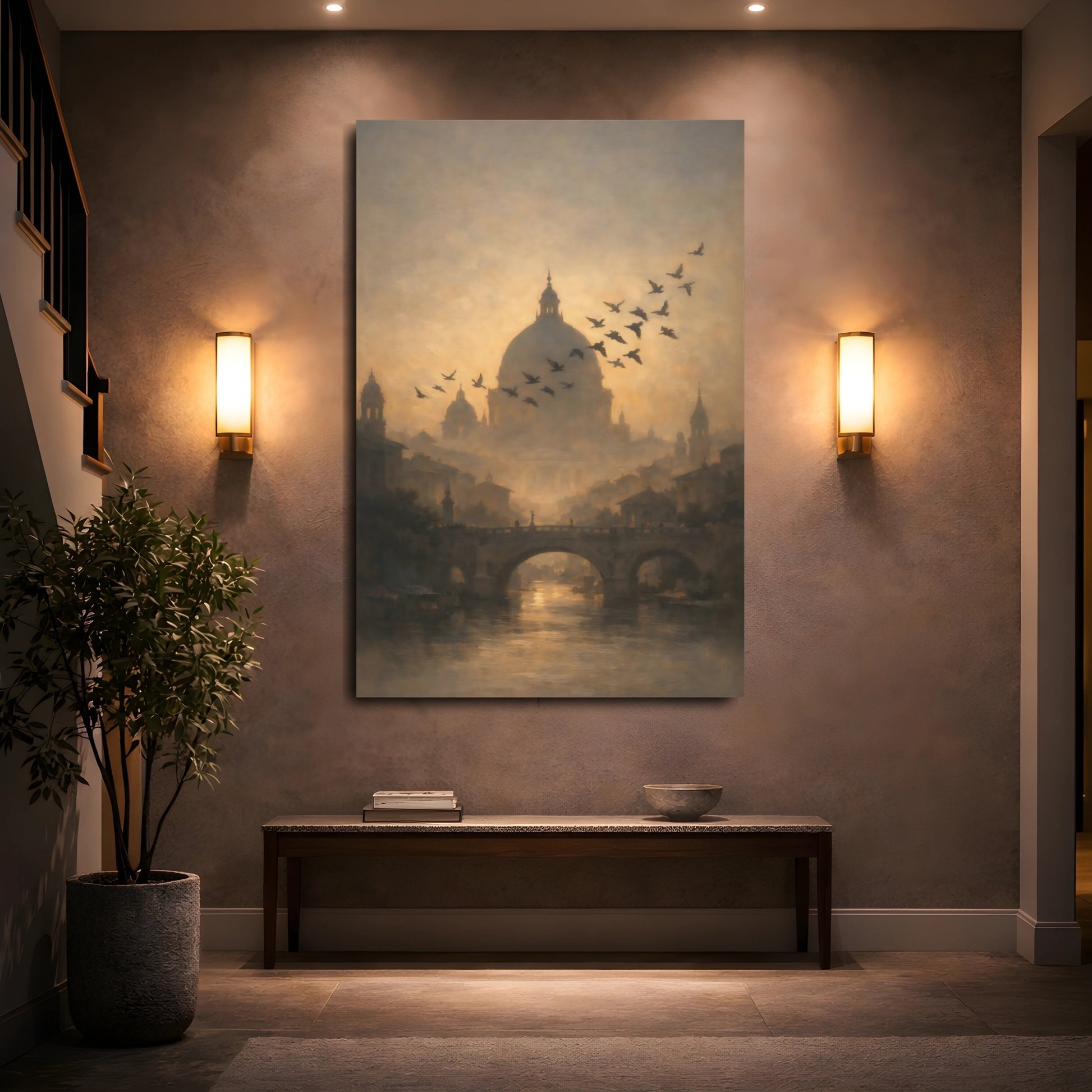 Mockup 4. Vintage Cityscape Golden Cityscape shown as stretched canvas wall art