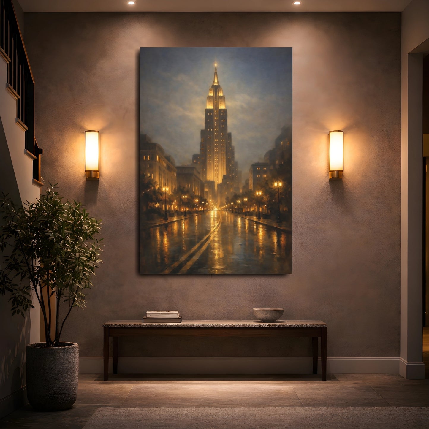 Mockup 4. Vintage Cityscape Golden Cityscape shown as stretched canvas wall art
