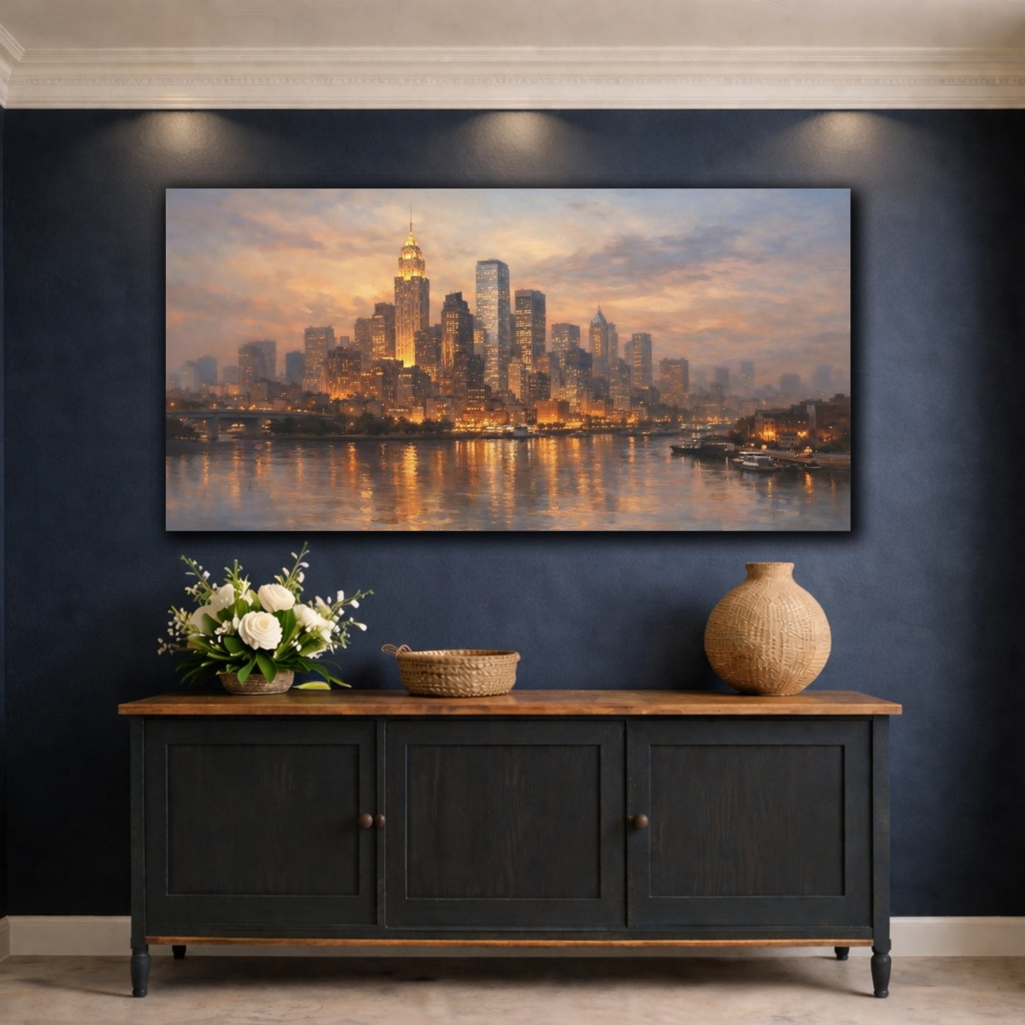 Mockup 4. Vintage Cityscape Golden Cityscape shown as stretched canvas wall art