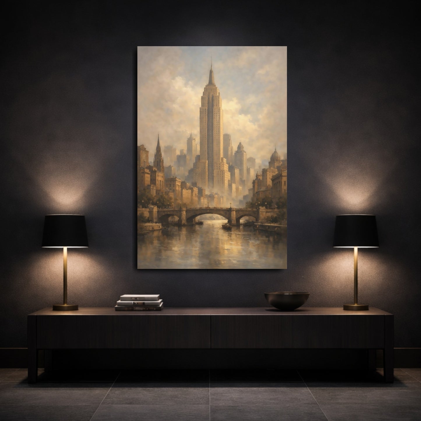 Mockup 2. Vintage Cityscape Vintage Cityscape shown as stretched canvas wall art
