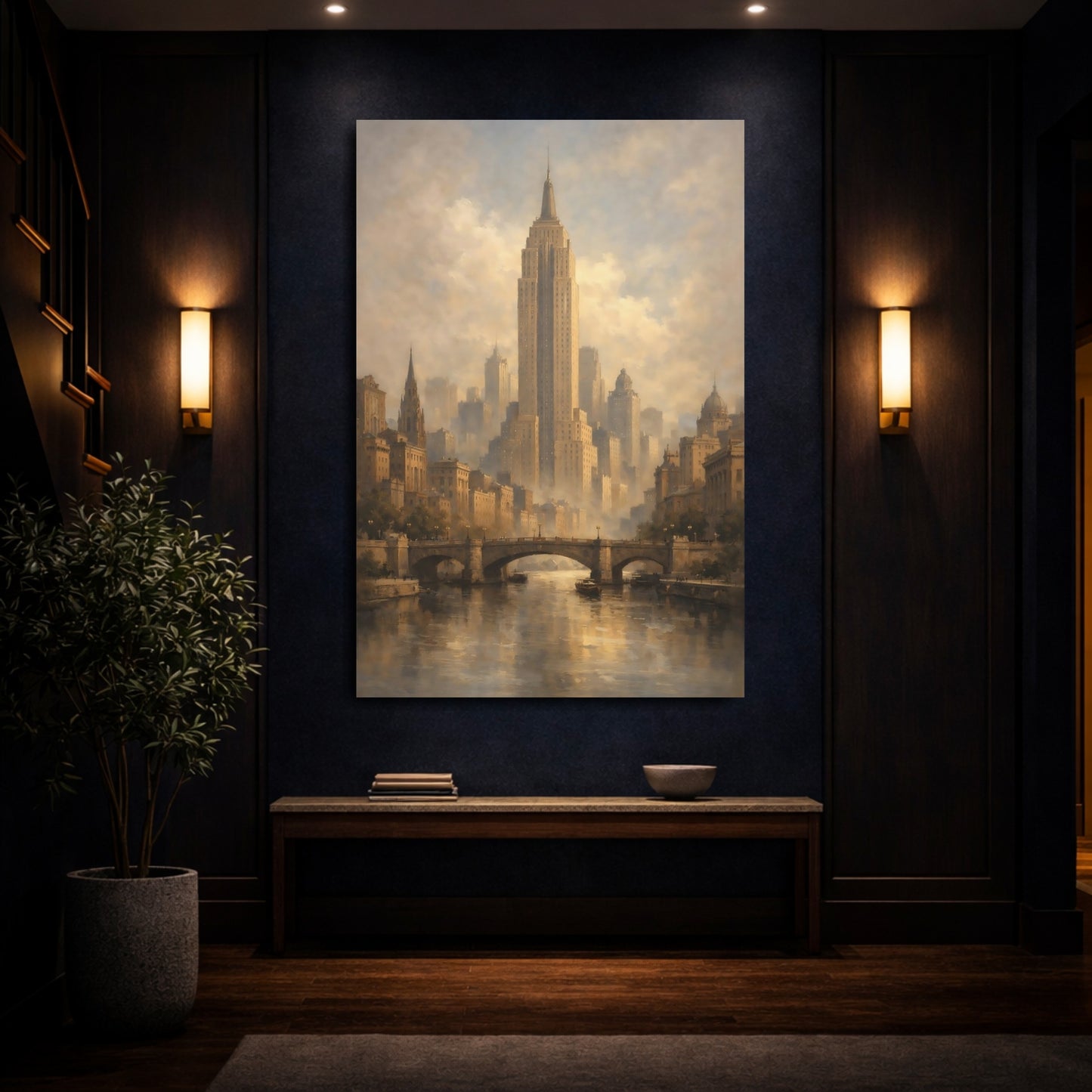Mockup 3. Vintage Cityscape Vintage Cityscape shown as stretched canvas wall art