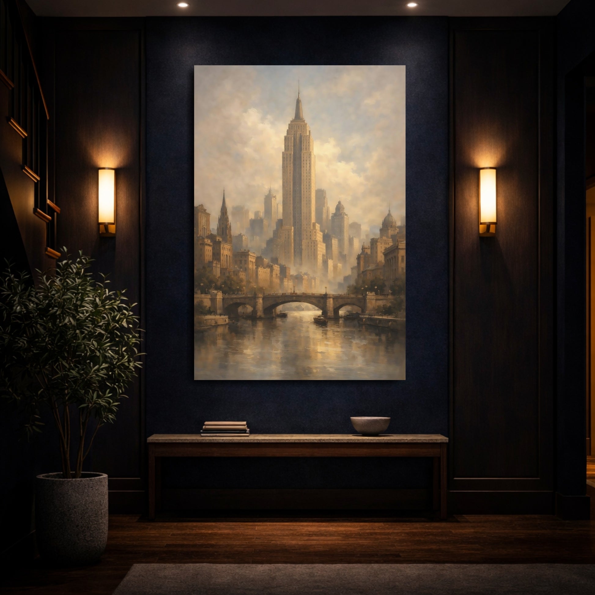 Mockup 3. Vintage Cityscape Vintage Cityscape shown as stretched canvas wall art