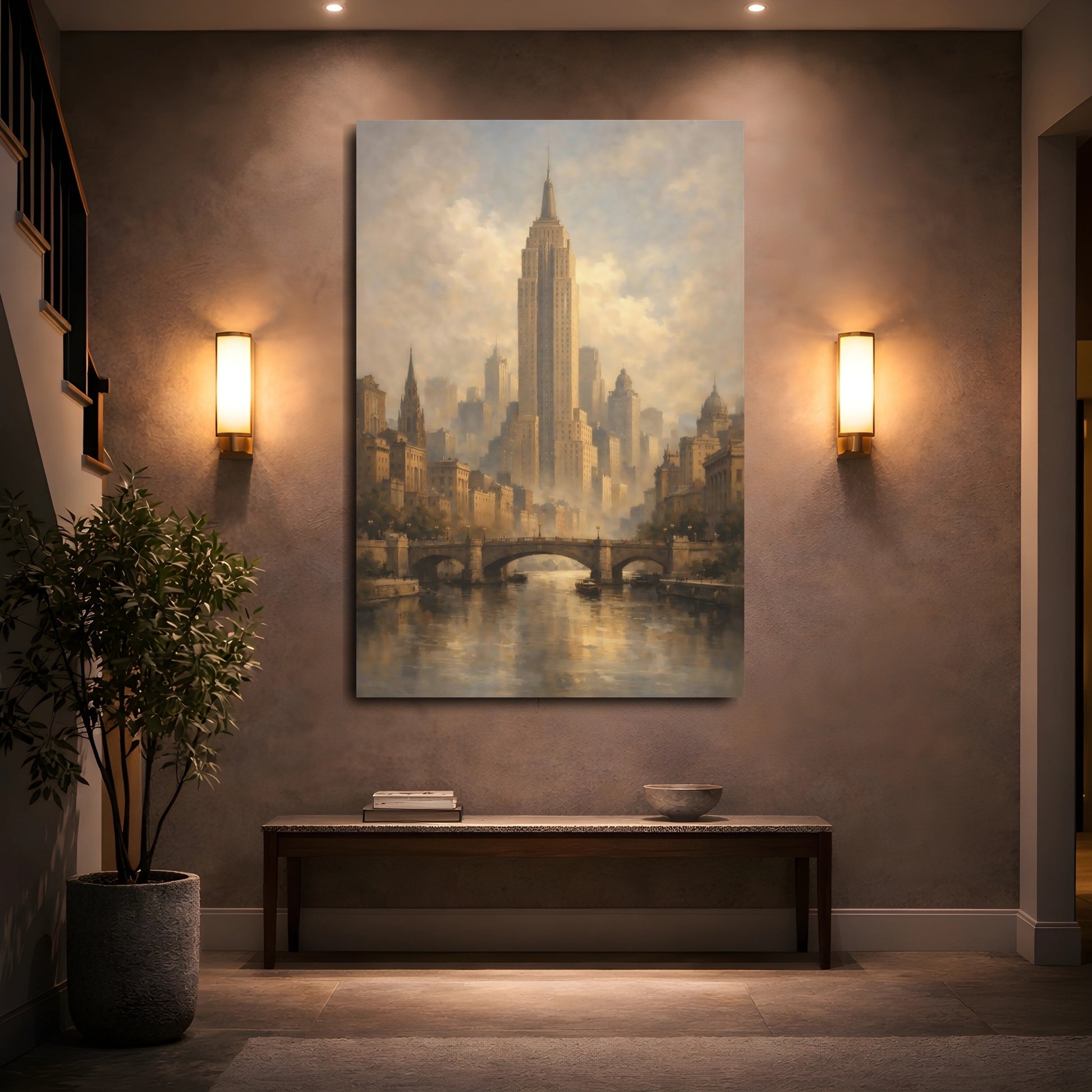 Mockup 4. Vintage Cityscape Vintage Cityscape shown as stretched canvas wall art