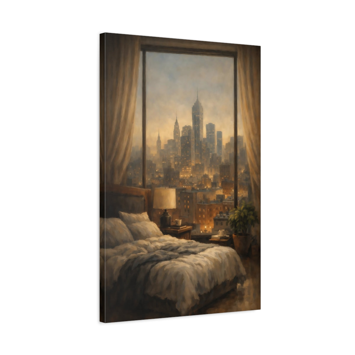 Side Mockup 2. Vintage Cityscape Warm Cityscape shown as stretched canvas wall art