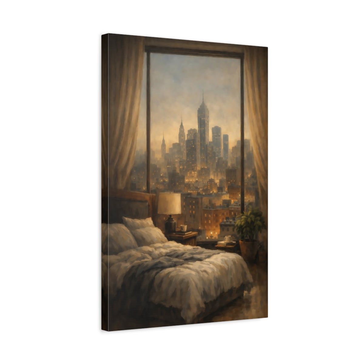 Side Mockup 3. Vintage Cityscape Warm Cityscape shown as stretched canvas wall art