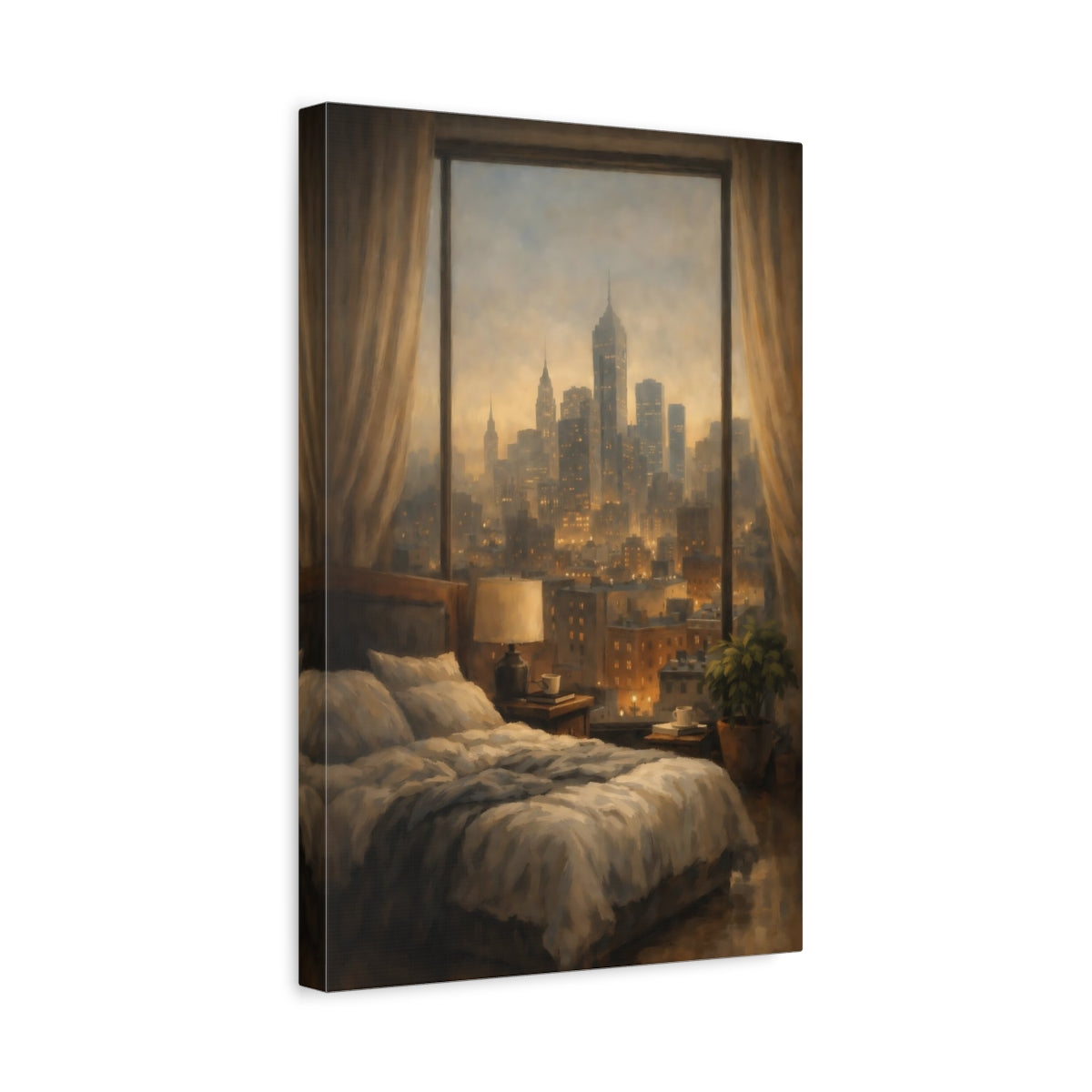 Side Mockup 4. Vintage Cityscape Warm Cityscape shown as stretched canvas wall art