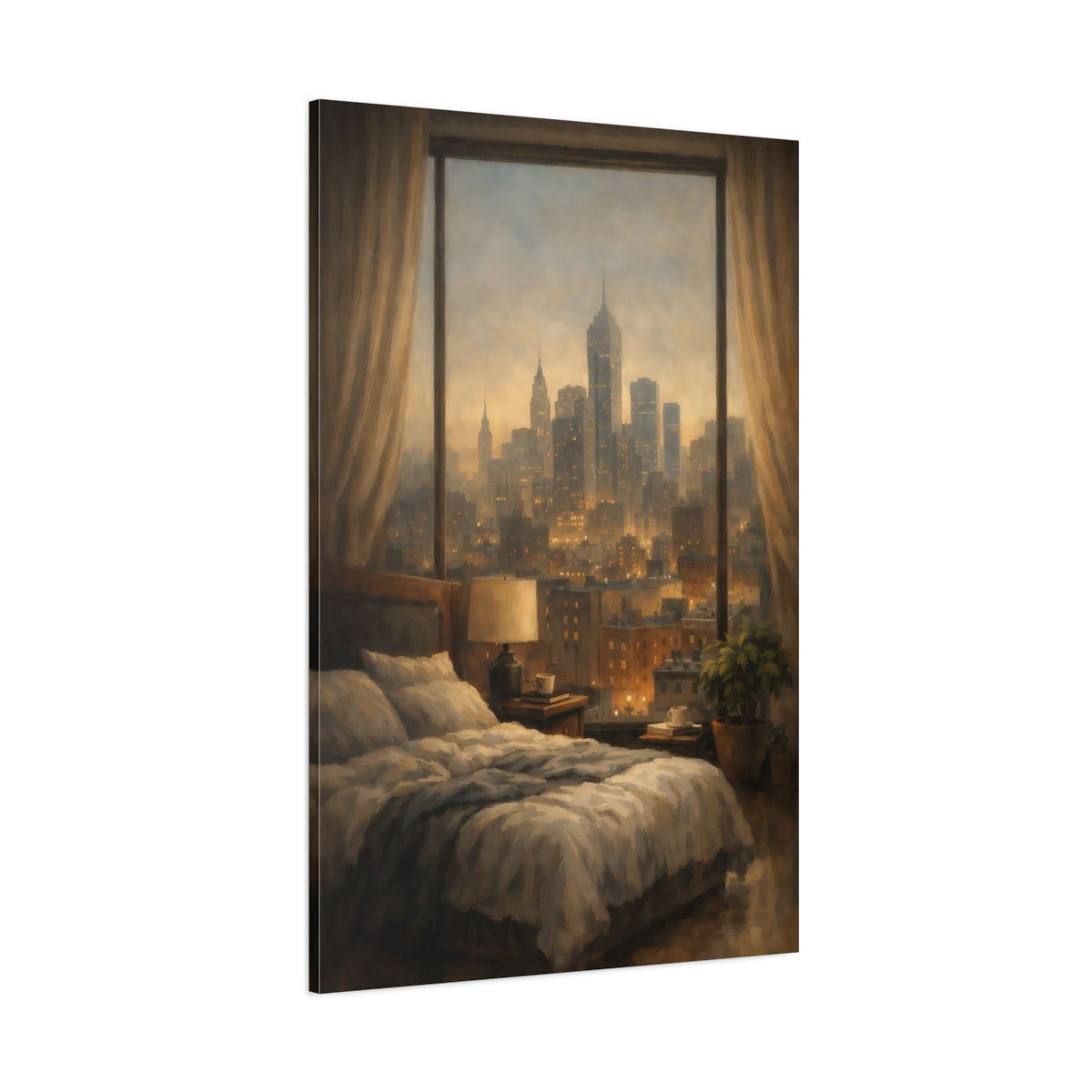 Main Mockup. Vintage Cityscape Warm Cityscape shown as stretched canvas wall art
