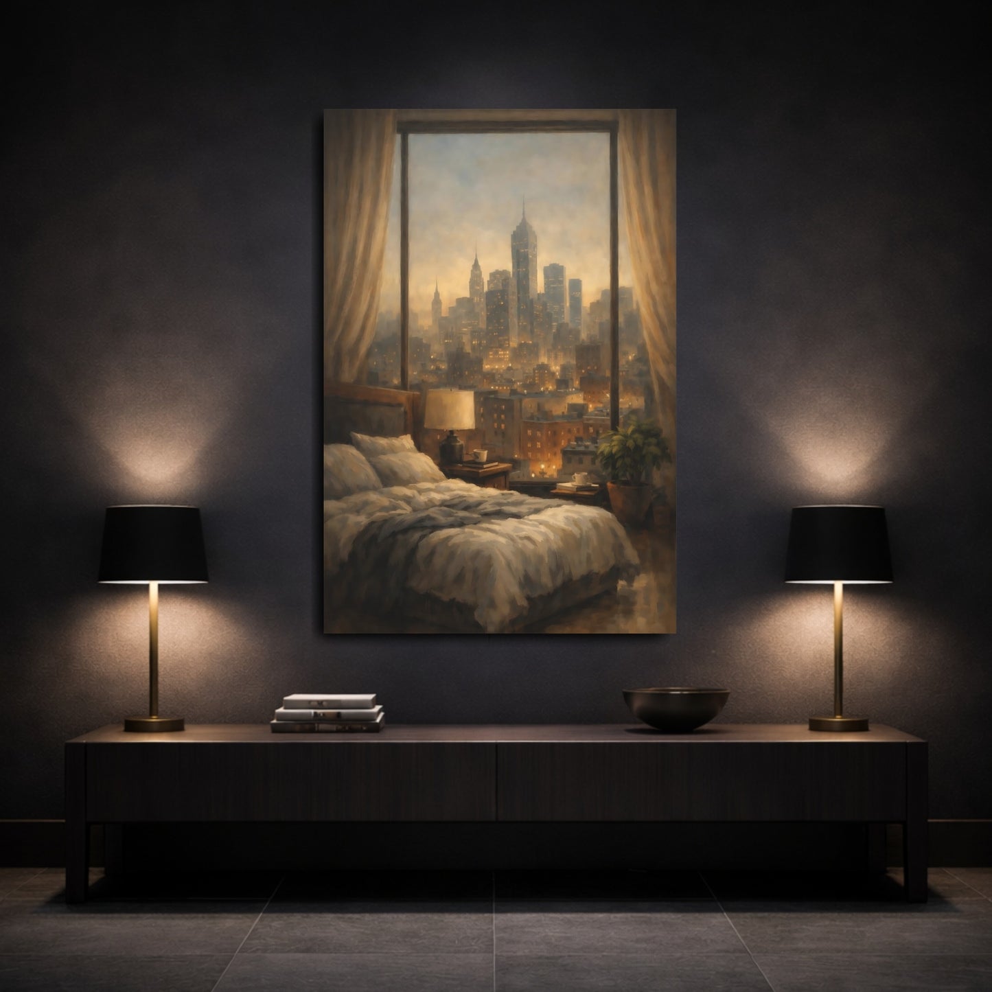 Mockup 2. Vintage Cityscape Warm Cityscape shown as stretched canvas wall art