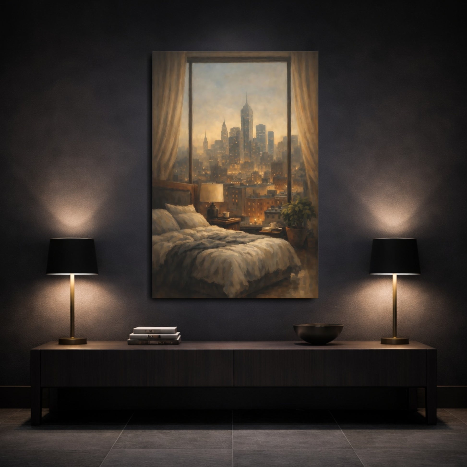 Mockup 2. Vintage Cityscape Warm Cityscape shown as stretched canvas wall art