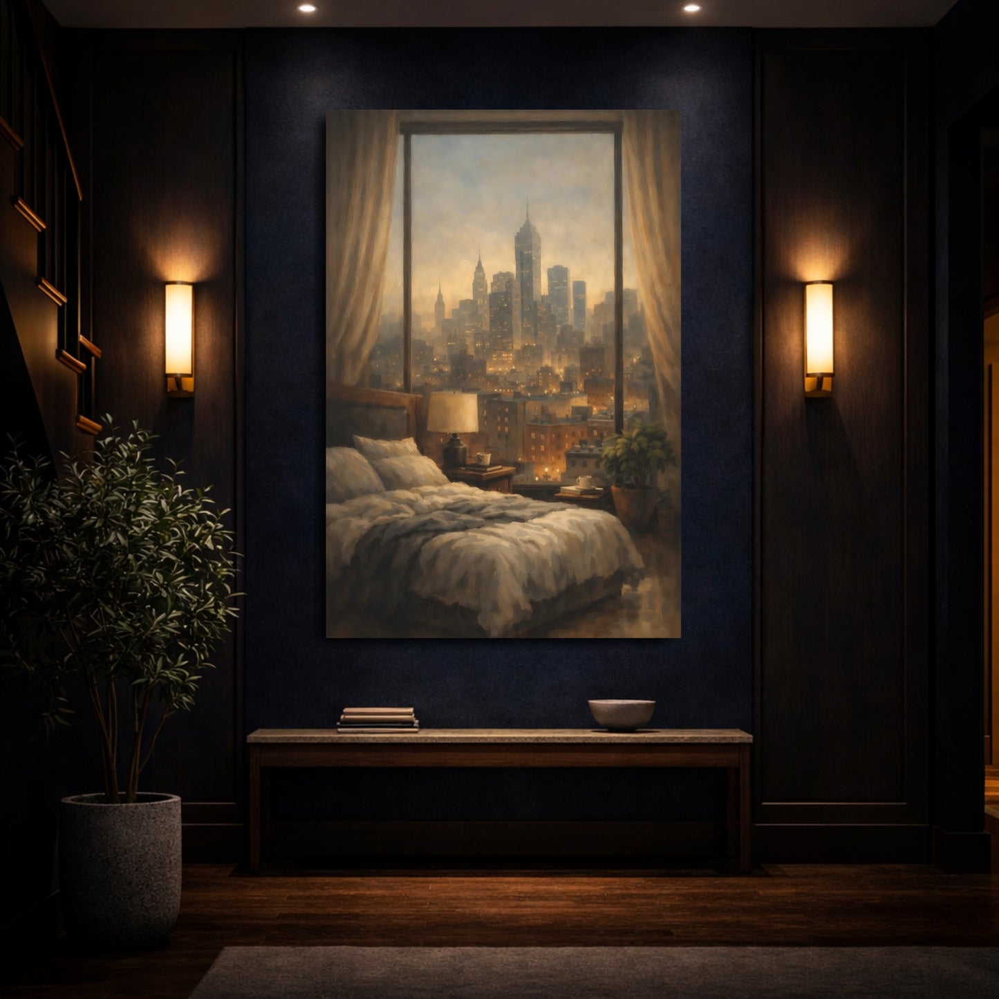 Mockup 3. Vintage Cityscape Warm Cityscape shown as stretched canvas wall art