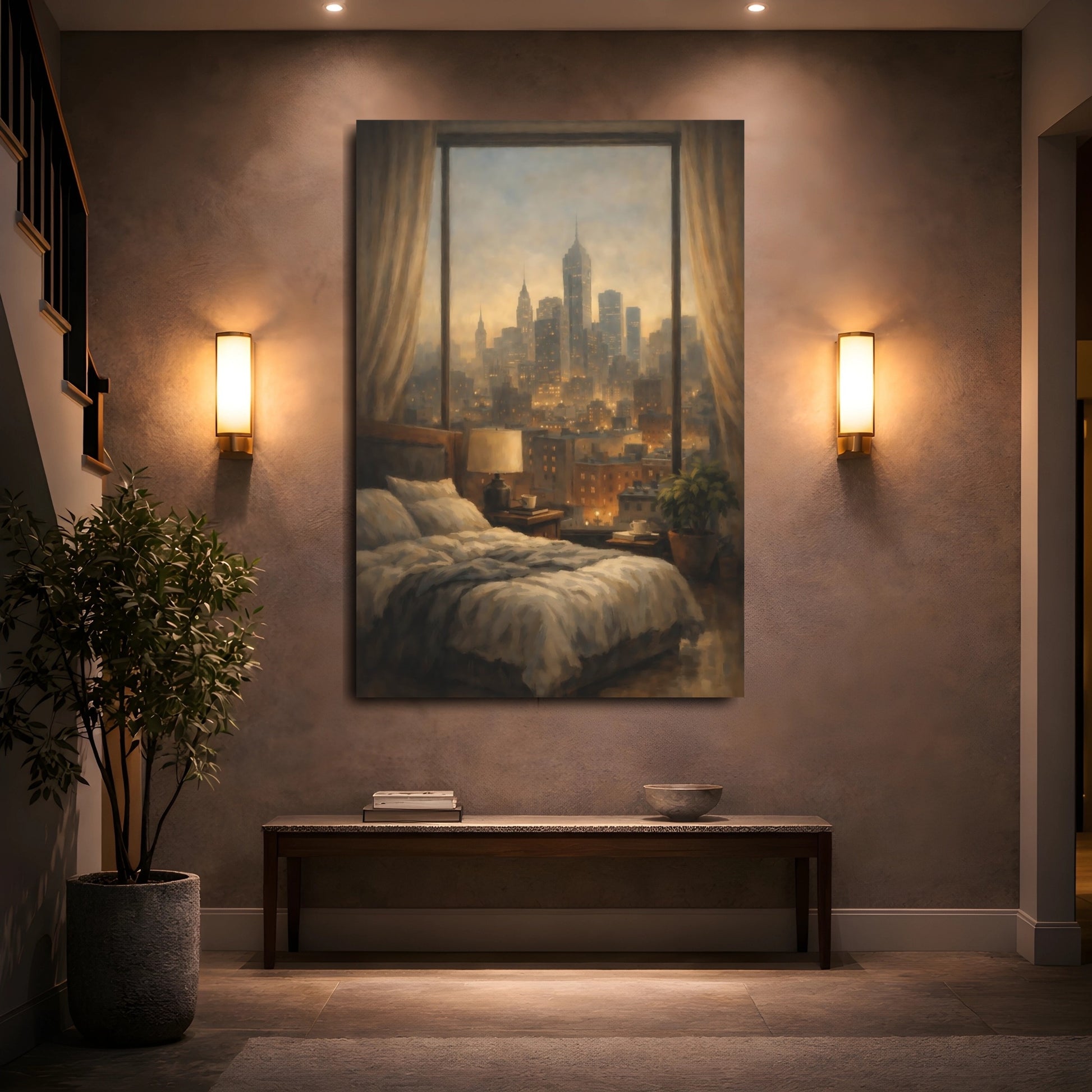 Mockup 4. Vintage Cityscape Warm Cityscape shown as stretched canvas wall art