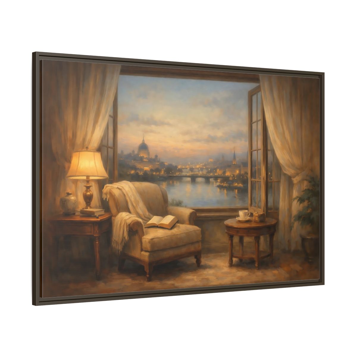 Main Mockup. Vintage Cityscape Window Warm Cityscape shown as stretched canvas wall art