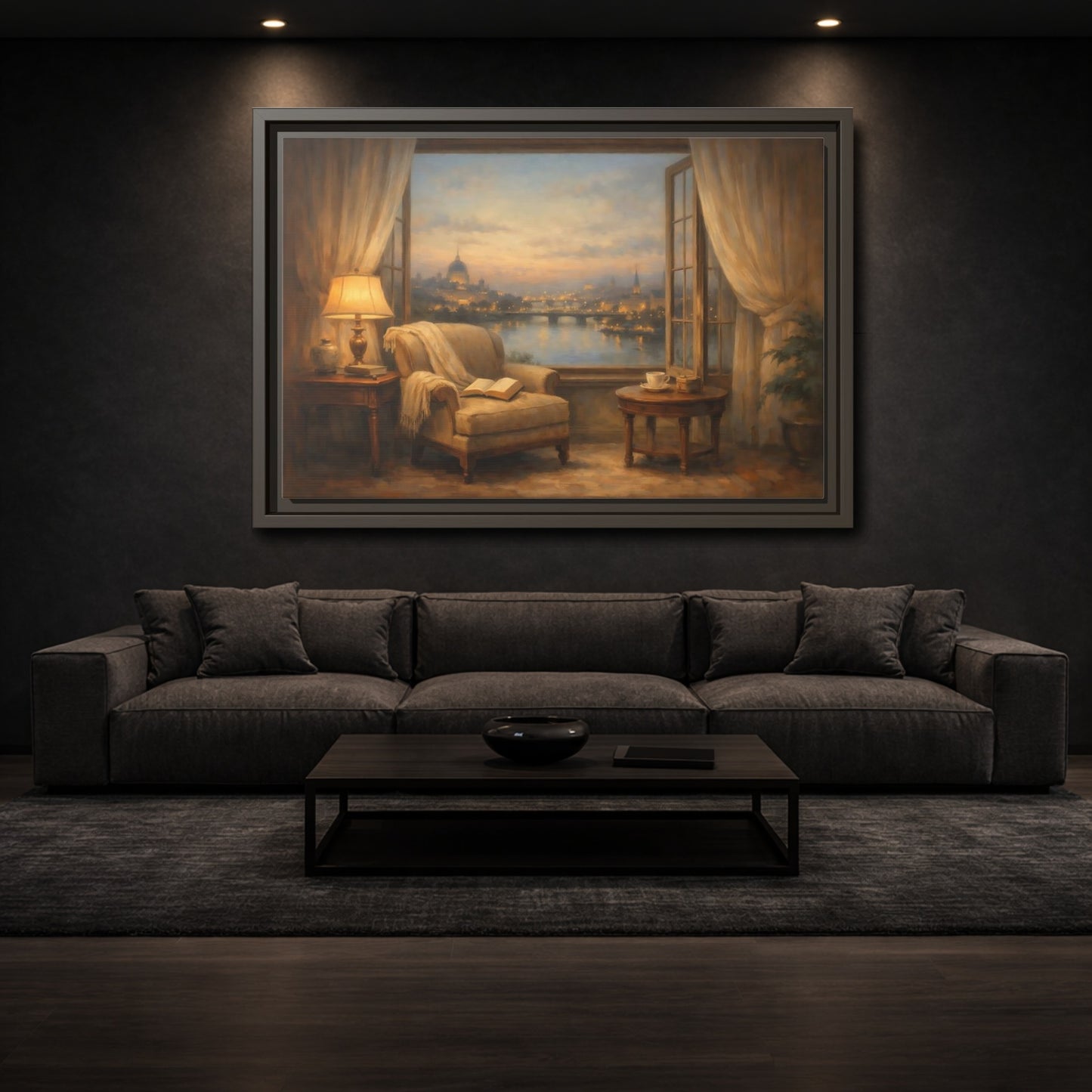 Mockup 2. Vintage Cityscape Window Warm Cityscape shown as stretched canvas wall art