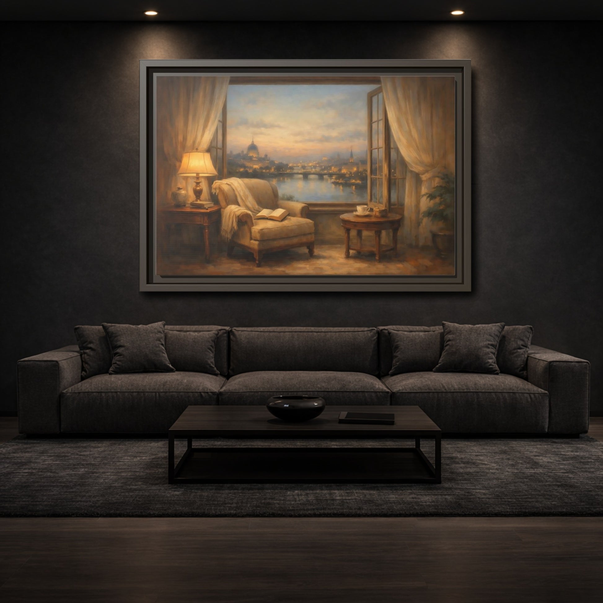 Mockup 2. Vintage Cityscape Window Warm Cityscape shown as stretched canvas wall art