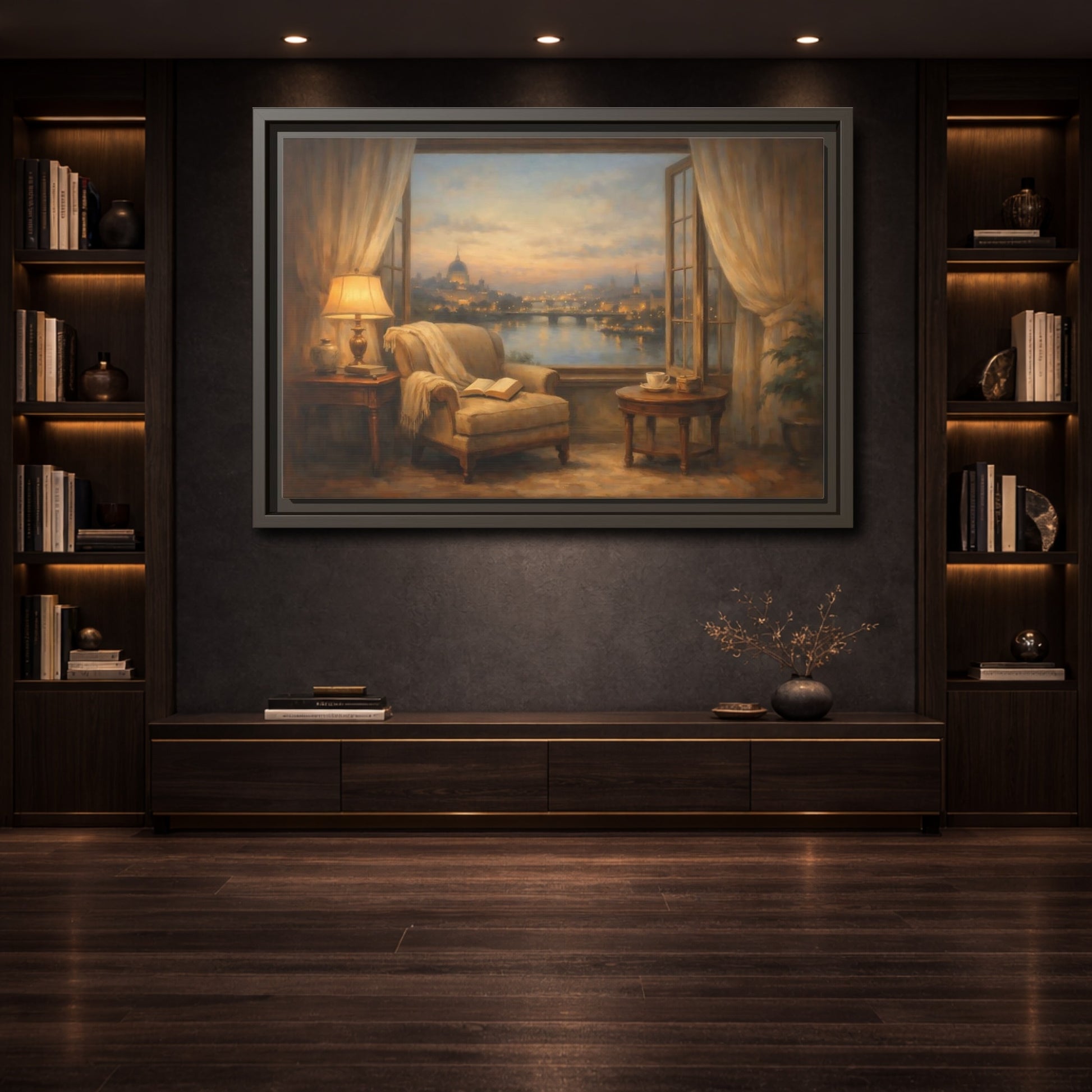 Mockup 3. Vintage Cityscape Window Warm Cityscape shown as stretched canvas wall art