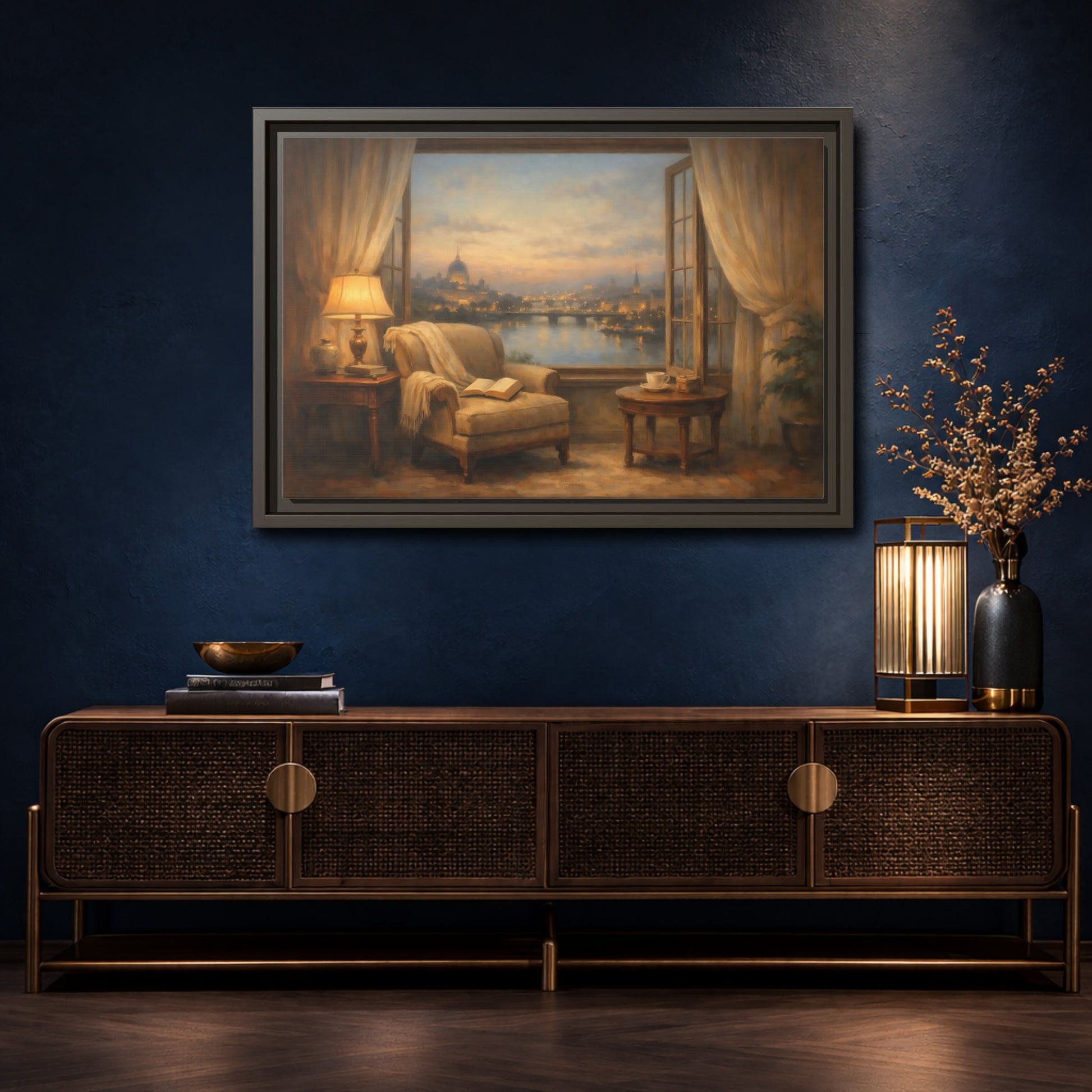Mockup 4. Vintage Cityscape Window Warm Cityscape shown as stretched canvas wall art