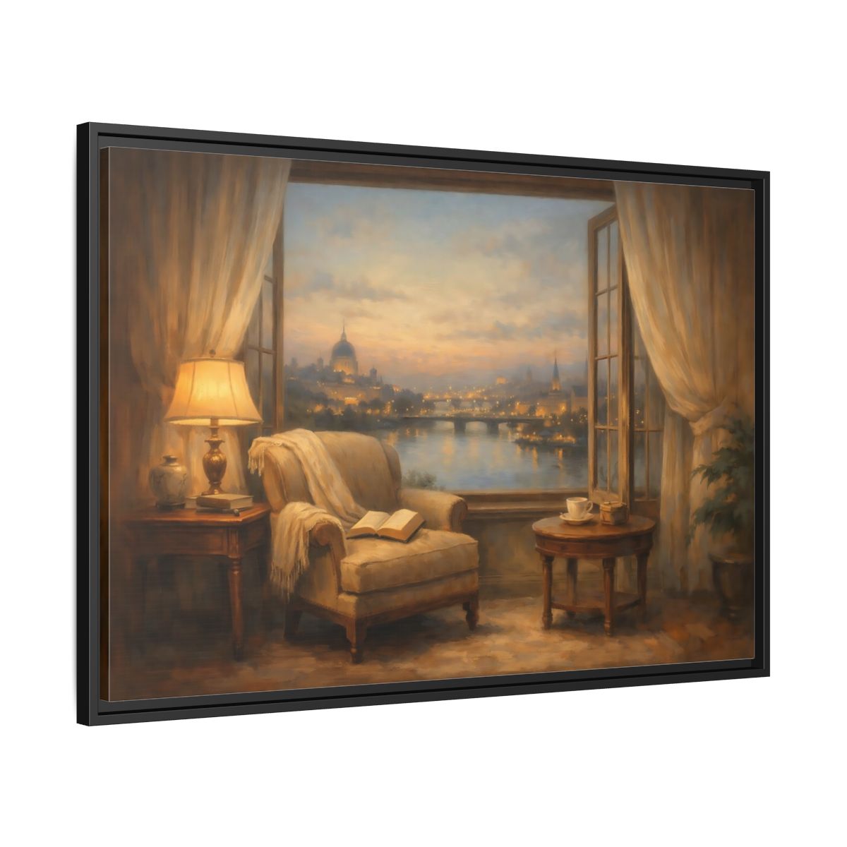 Side Mockup 13. Vintage Cityscape Window Warm Cityscape shown as stretched canvas wall art