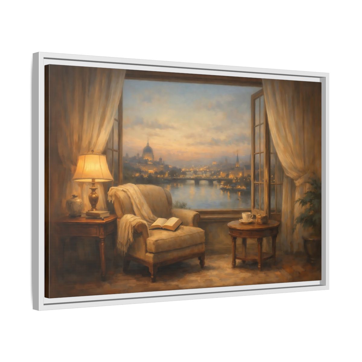 Side Mockup 10. Vintage Cityscape Window Warm Cityscape shown as stretched canvas wall art