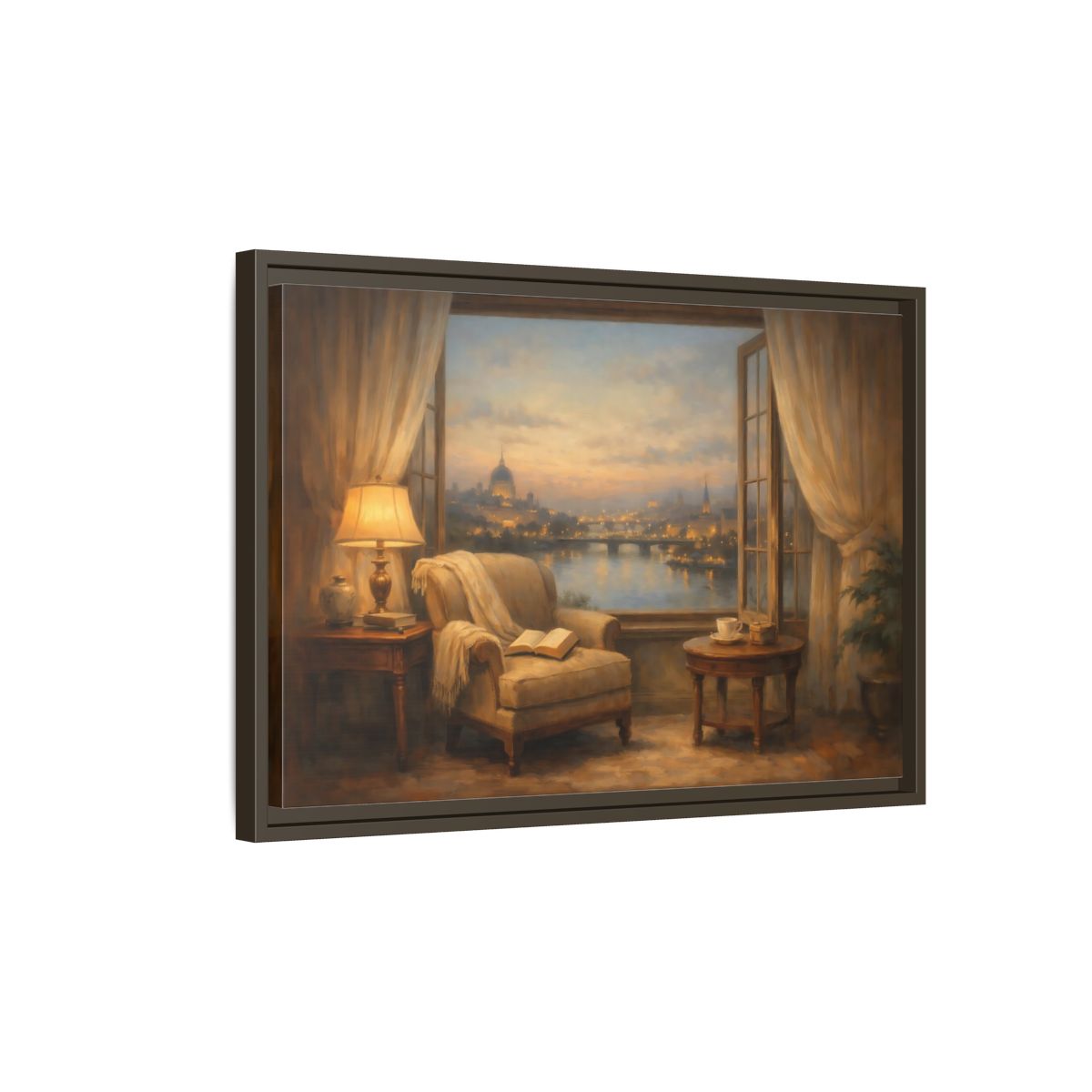 Side Mockup 2. Vintage Cityscape Window Warm Cityscape shown as stretched canvas wall art