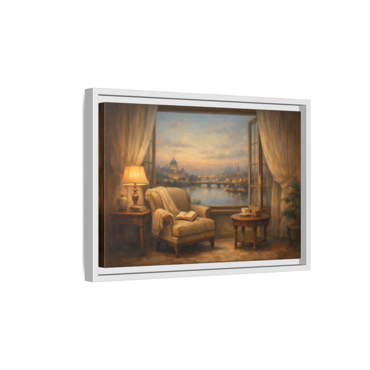 Side Mockup 4. Vintage Cityscape Window Warm Cityscape shown as stretched canvas wall art